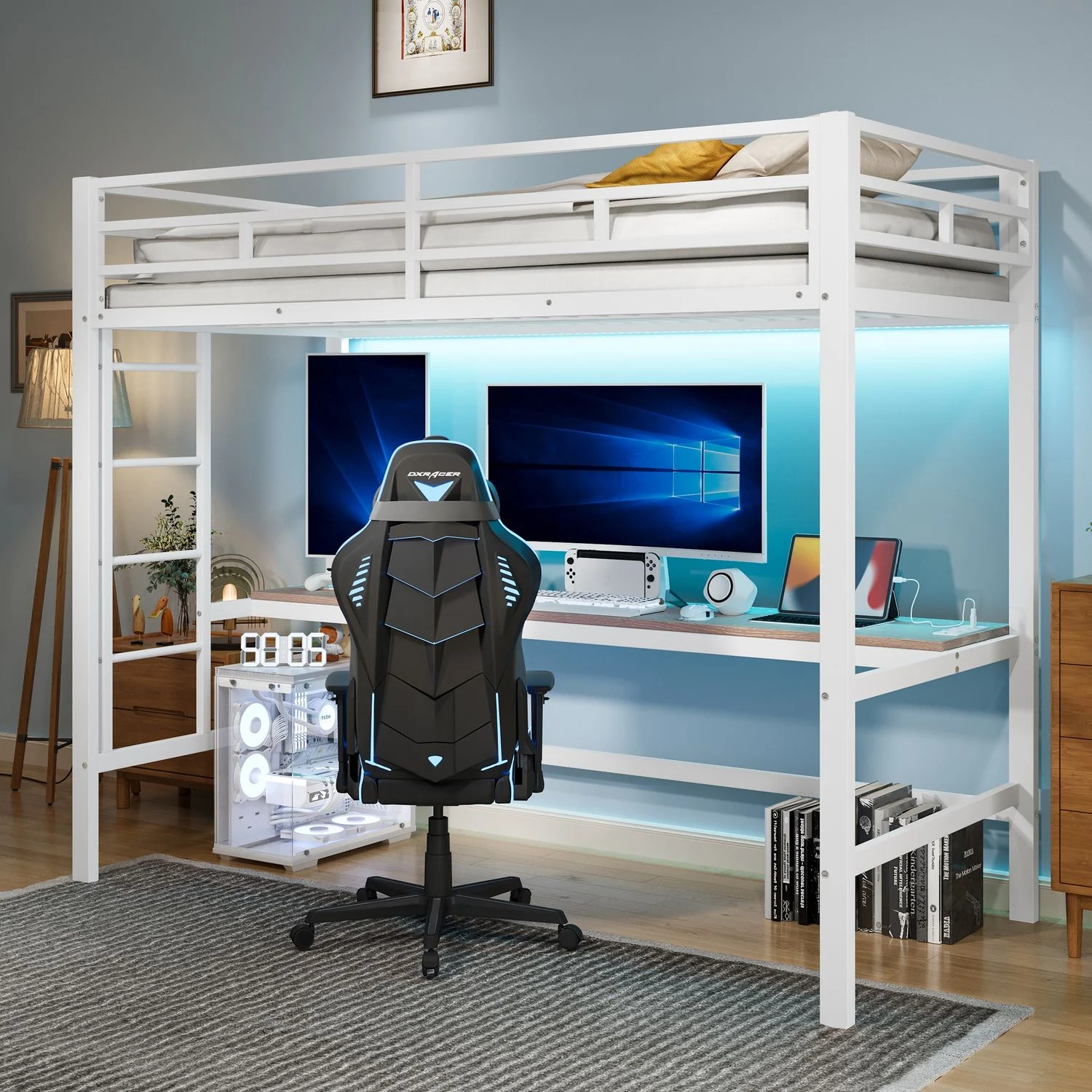 Hochbett Metall mit Schreibtisch, LED & USB-Anschluss, 90x200 cm, Weiß, ohne Matratze