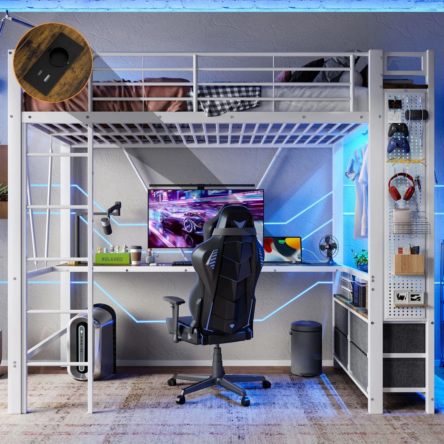 Hochbett 90x200 cm, Metallrahmen & MDF, integrierter Schreibtisch, 4 Schubladen, LED & USB‑C, Weiß