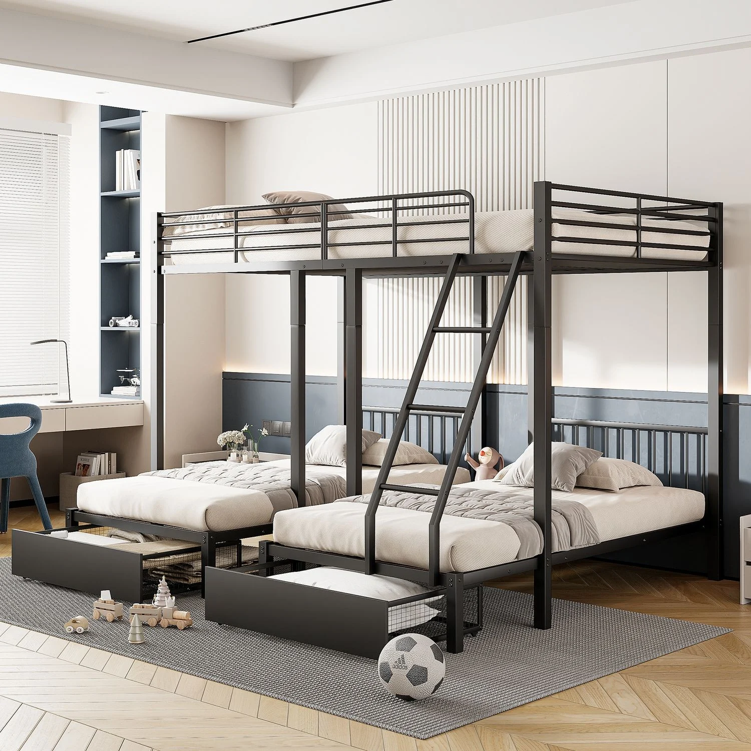 Etagenbett Metall, teilbar in 3 Betten mit 2 Schubladen, 246x206x177,8 cm, Schwarz, ohne Matratze