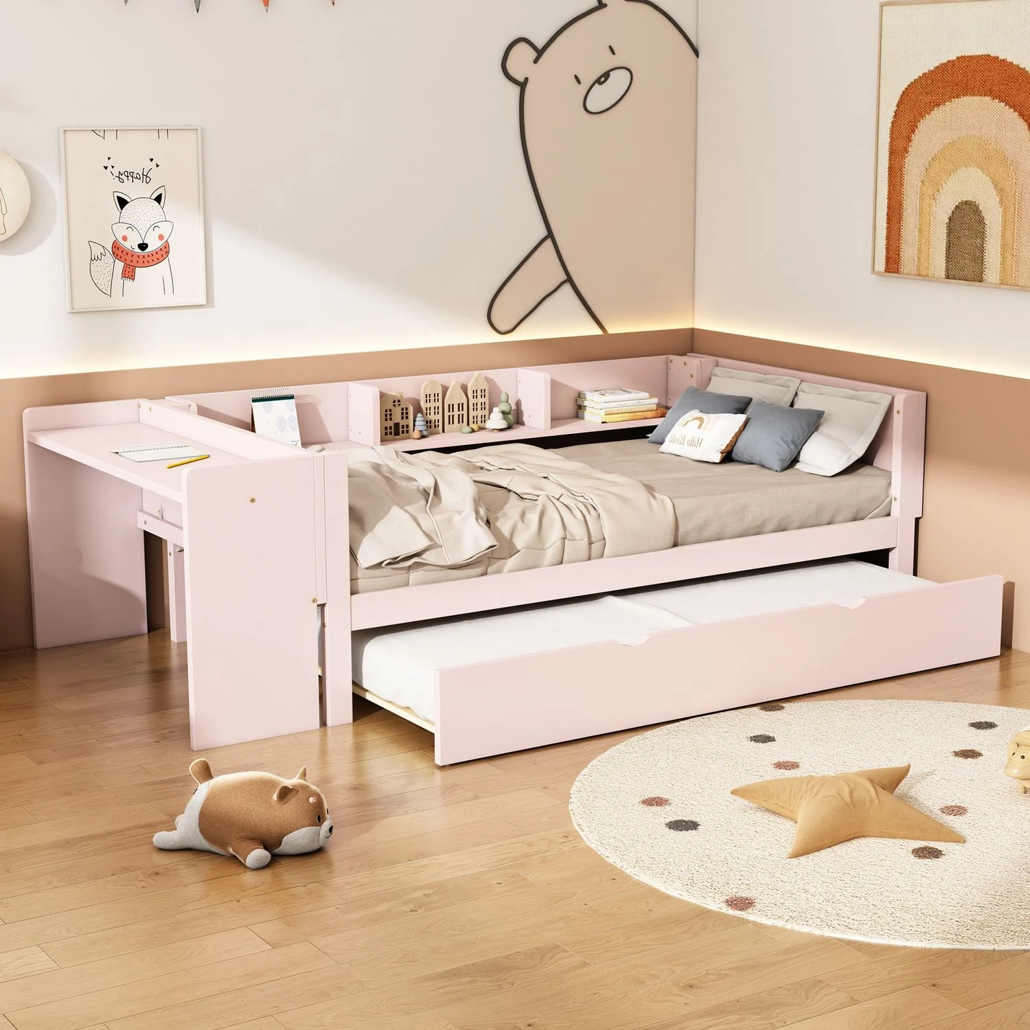 Kinderbett Massivholz mit Ausziehbett, Schreibtisch & 3 Regalen, 90x200 cm, rosa, ohne Matratze