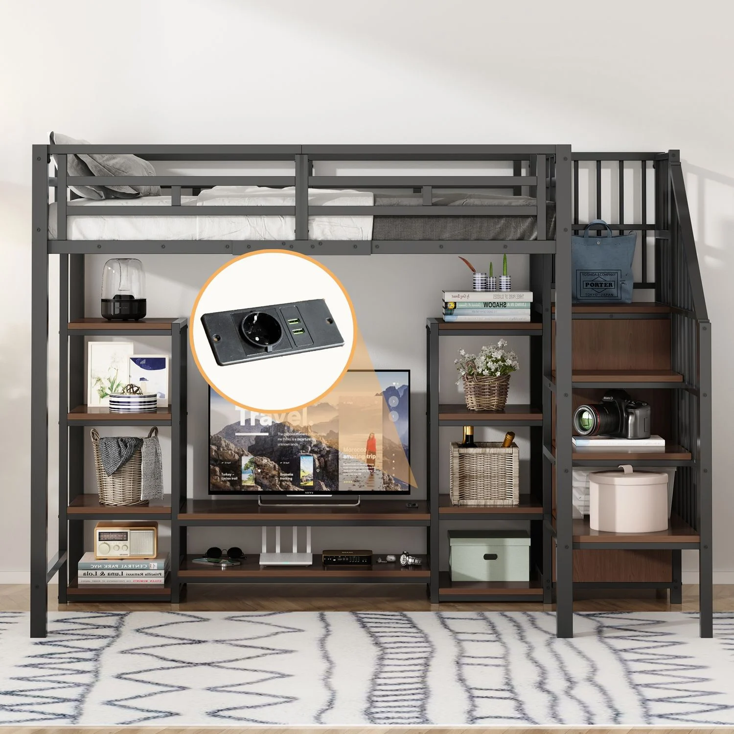 Hochbett 90x200 cm mit TV-Ablage, Metall & MDF, Leiter, Schwarz, ohne Matratze