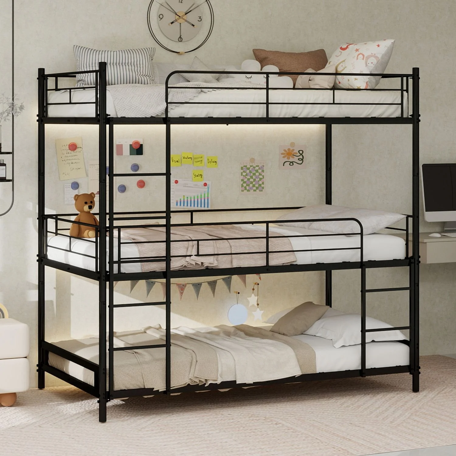 Schweres Dreifach-Rahmenbett 90*190cm,mit eingebauter Leiter, durchgehendem Geländer, bodensicher für Kinder/Jugendliche/Erwachsene, Schlafzimmer, keine Federn erforderlich, einfach zu montieren,