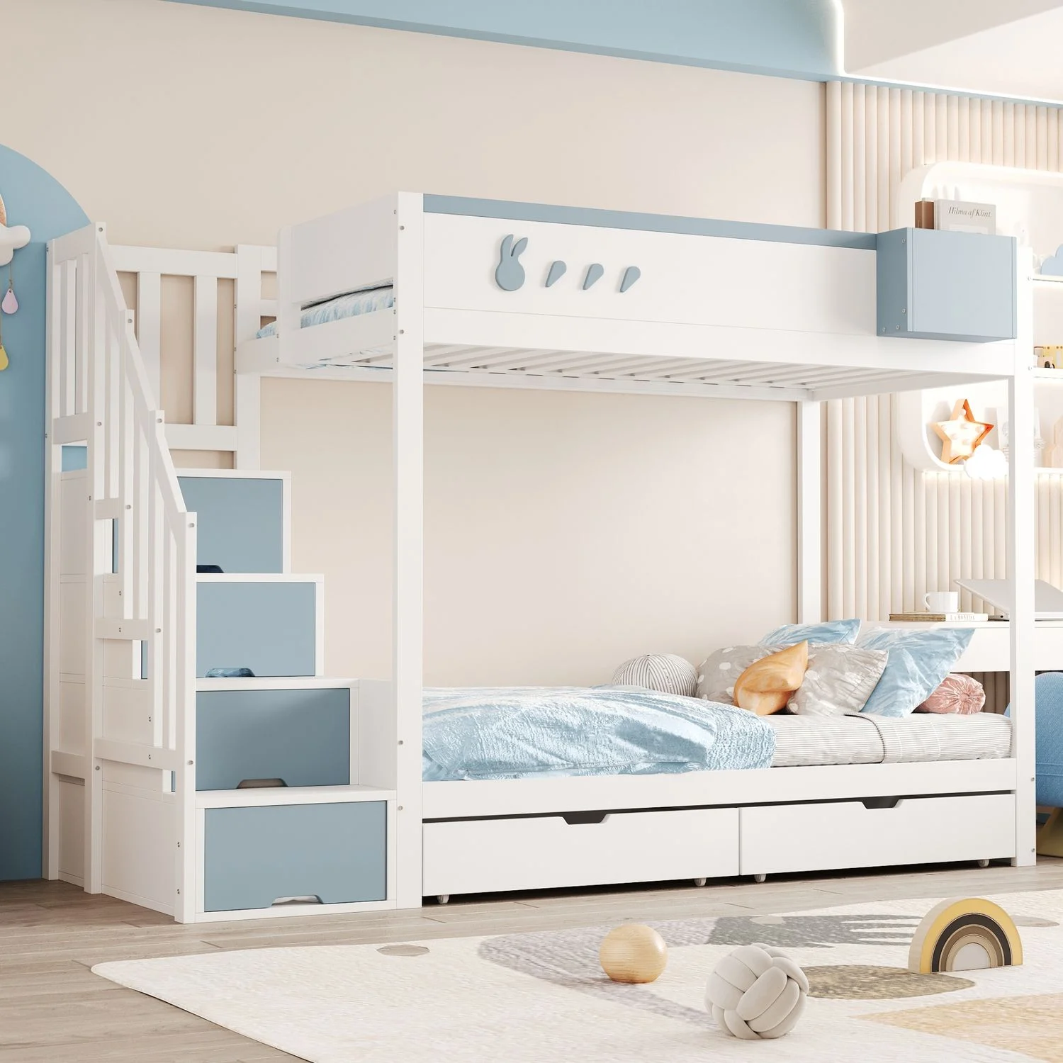 Bett 90x200 cm mit Stauraum und abnehmbarem Regal – Kinder-Etagenbett aus Massivholz, Weiß/Blau