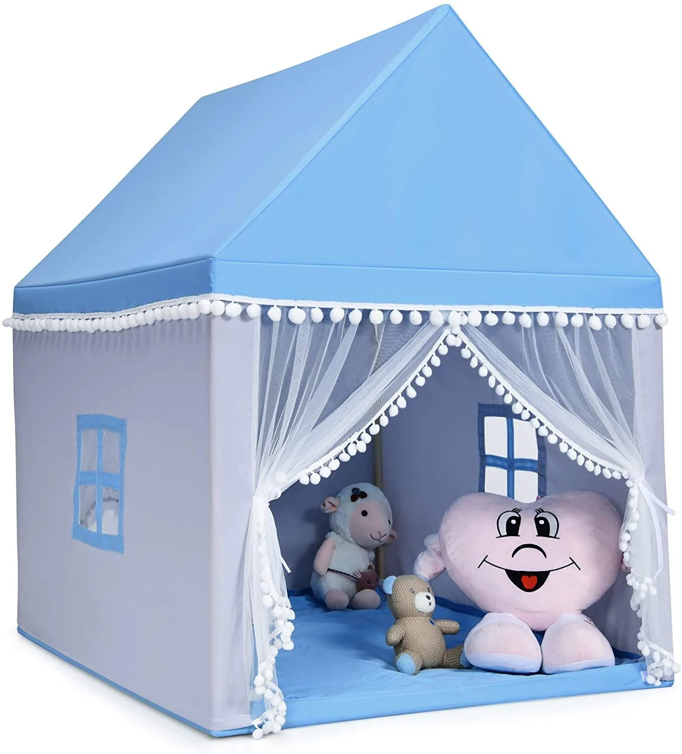 COSTWAY Prinzess Prinzessin Kinderzelt, Stoffzelt / Massivholzrahmen / Baumwolldecke blau, 120 x 105 x 140 cm