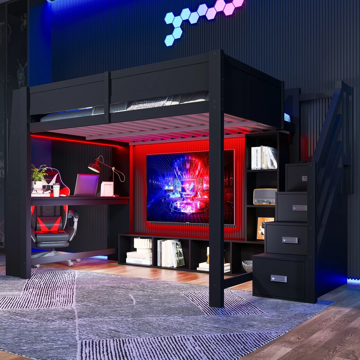 Hochbett 140x200 cm mit Schreibtisch & Treppe, schwarz Hochbett mit LED-Beleuchtung, Staufächern & Schränken, für Jugendliche
