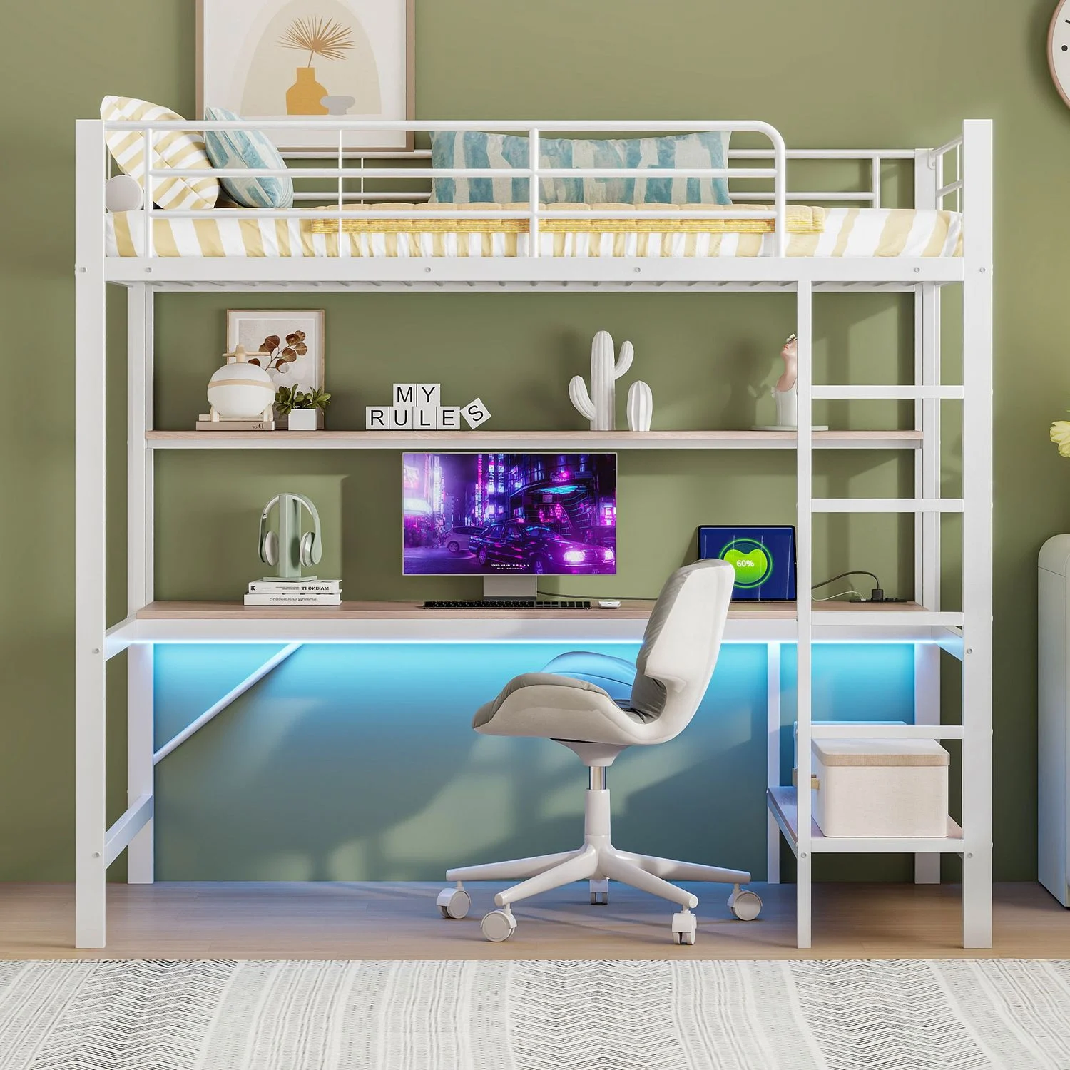 Kinderhochbett 90x200cm mit Schreibtisch, Regalen, 7-Farben-LED-Licht mit Fernbedienung,Treppe und Geländer,Weiß