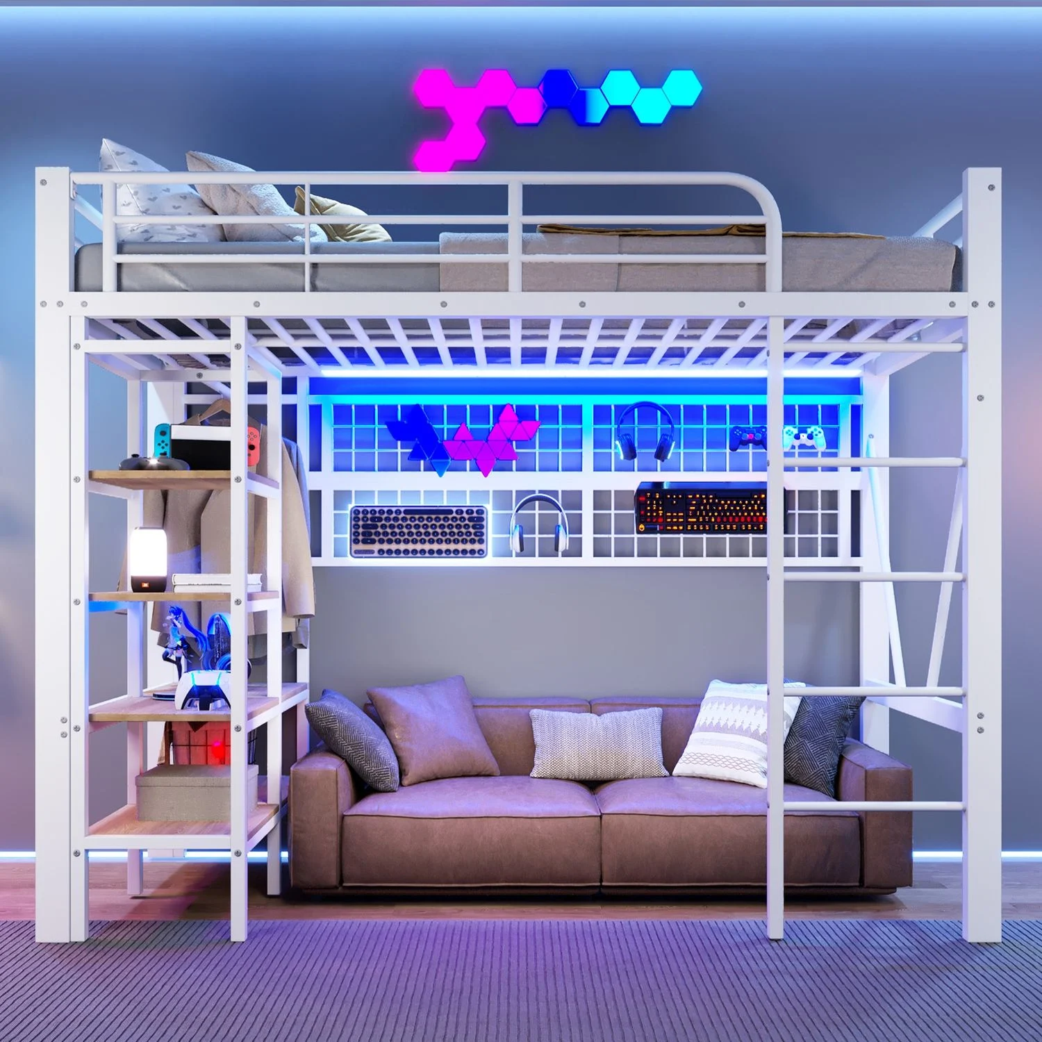 Merax Hochbett, 90 x 200 cm, Kinderbett, Einzelbett mit Ablagefach, Netz zum Aufhängen von Gegenständen, mit Kleiderstange, offener Raum unter dem Bett, mit LED-Lichtleiste, Weiß