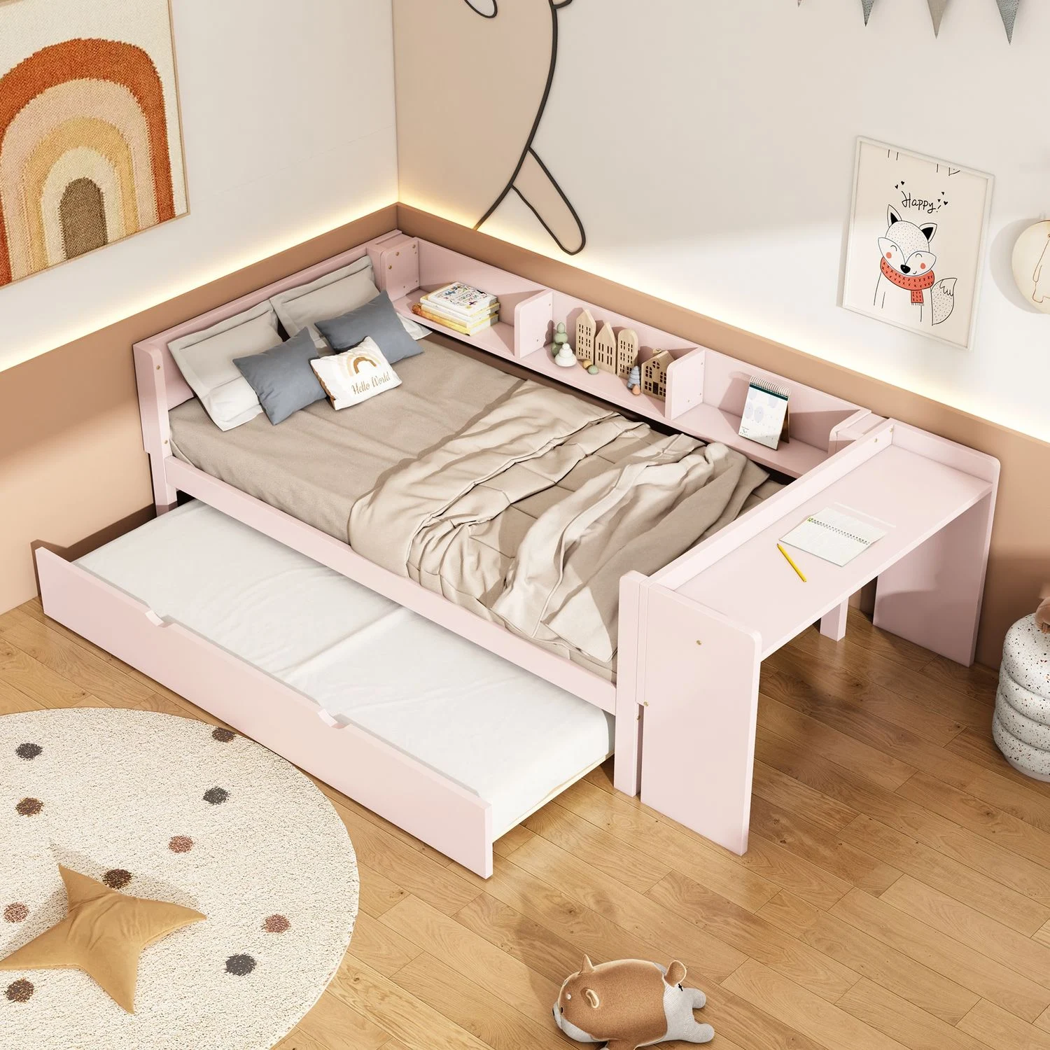 Kinderbett 90x200 cm mit ausziehbarem Rollbett, integriertem Schreibtisch und seitlichen Regalen, Massivkiefer/MDF, Rosa