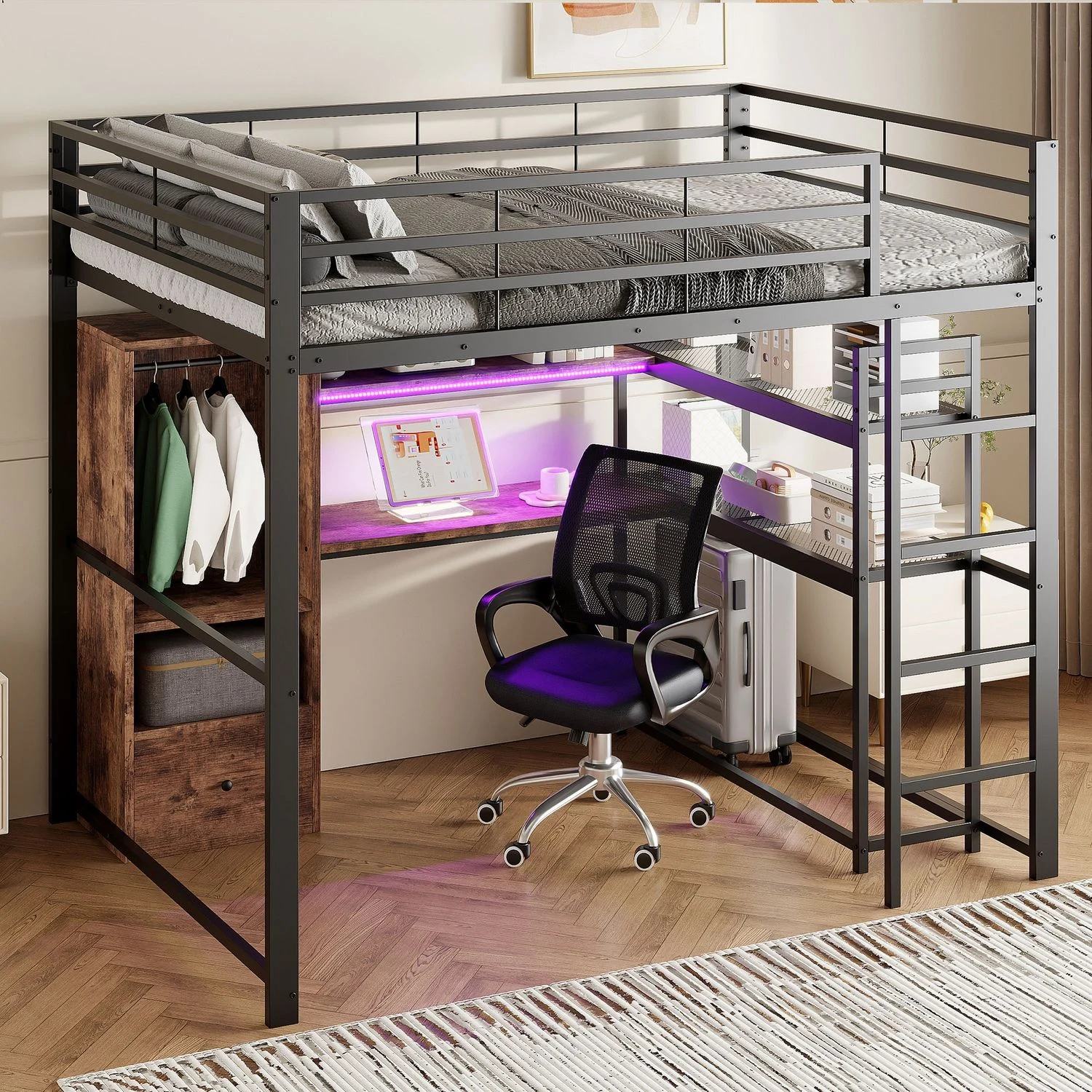 Hochbett 140x200 cm, Metalll-MDF Konstruktion mit LED-Beleuchtung, integriertem Schreibtisch & Stauraum, sicherer Rausfallschutz, Schwarz