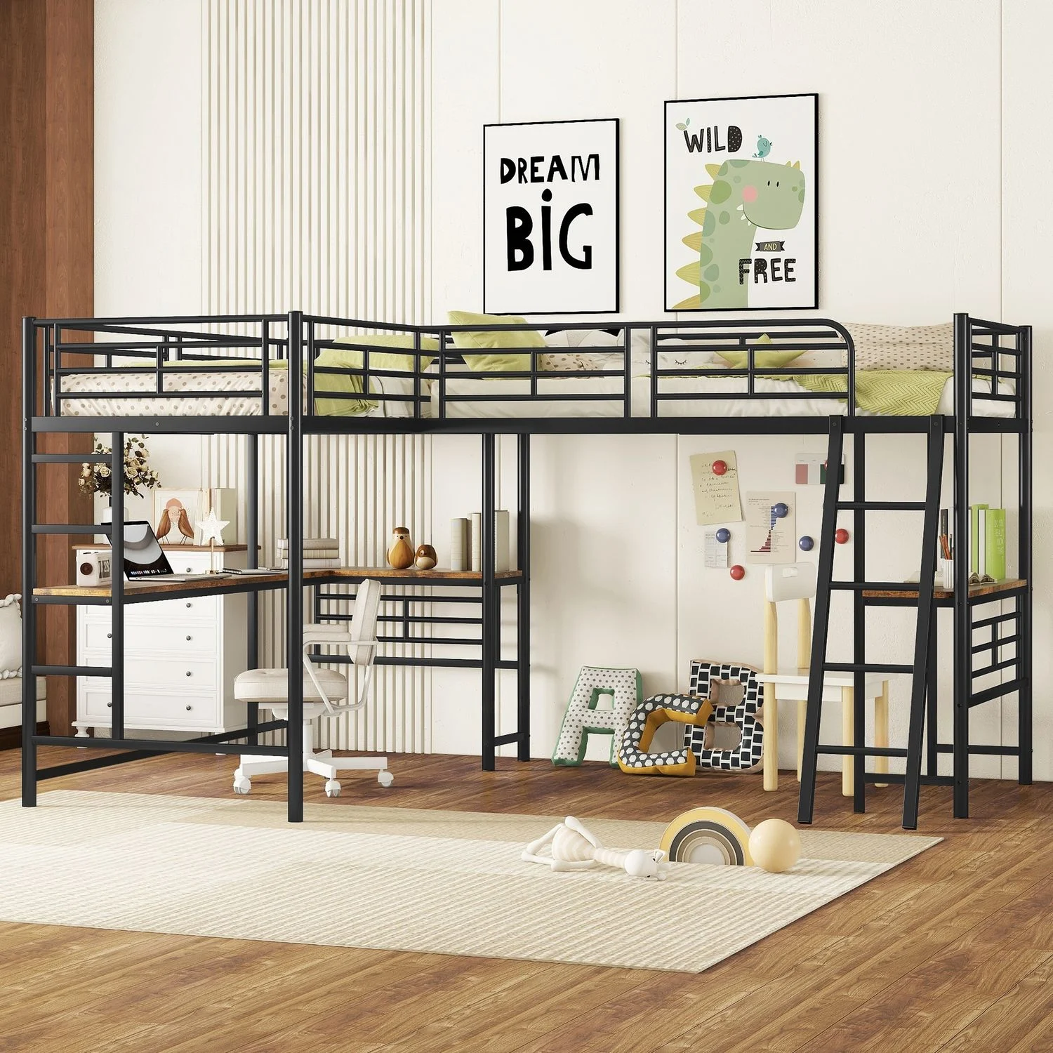 Hochbett mit Schreibtisch, Metall & MDF, 90x200 cm, Schwarz, ohne Matratze