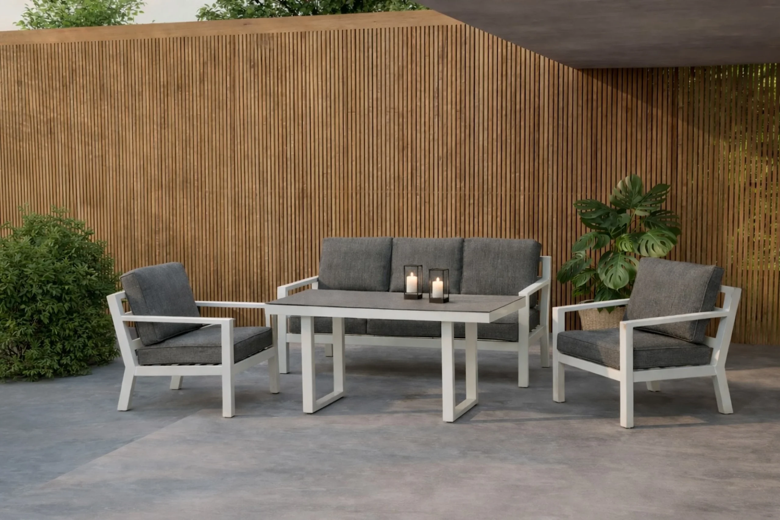 Garten Loungeset Jenni – in Weiß & Grau mit Glasplatte