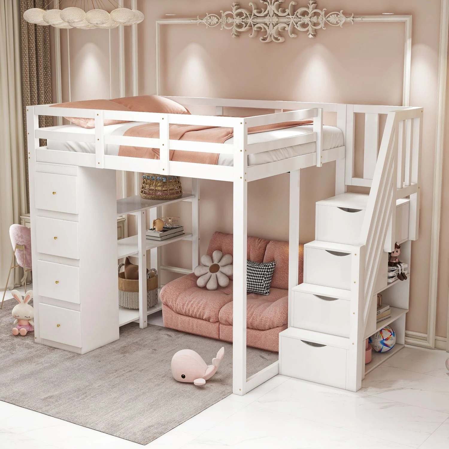 Kinder Hochbett aus Massivholz 140x200 cm mit Sicherheitsleiter, Schubladen & Regal – Stauraumbett, Jugendzimmer,weiß
