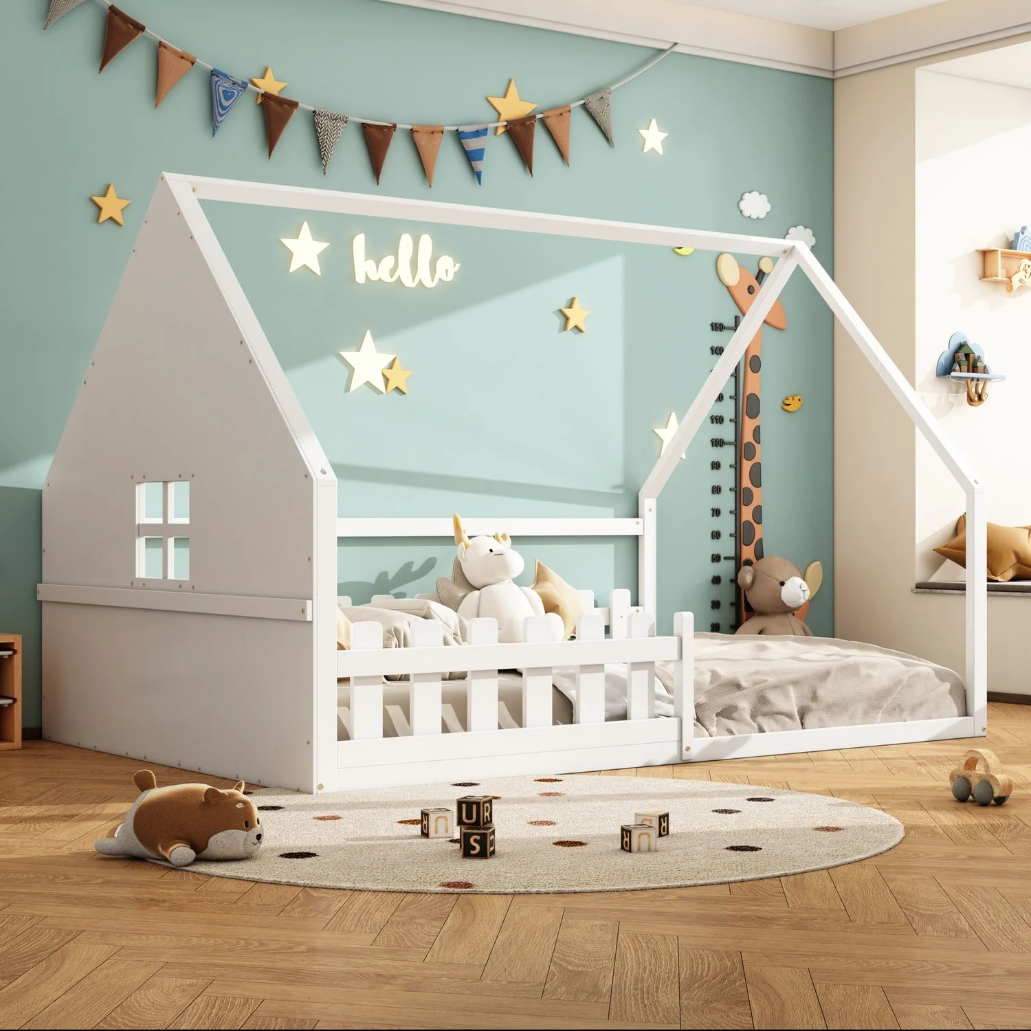 Kinderbett 140x200 cm im Haus-Design, Kiefernholz + MDF, Rausfallschutz, Weiß