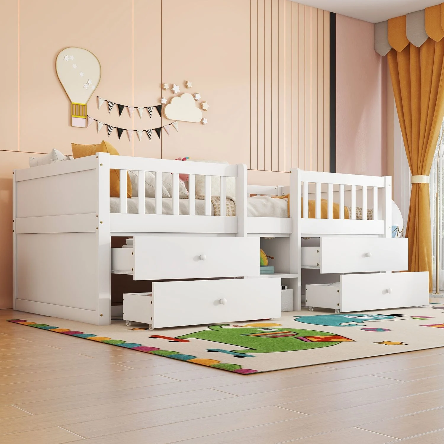 Kinderbett 90x200 cm, halbhoch, Kiefernholz+MDF, 4 Schubladen, Sicherheitsgeländer und Leiter, Weiß