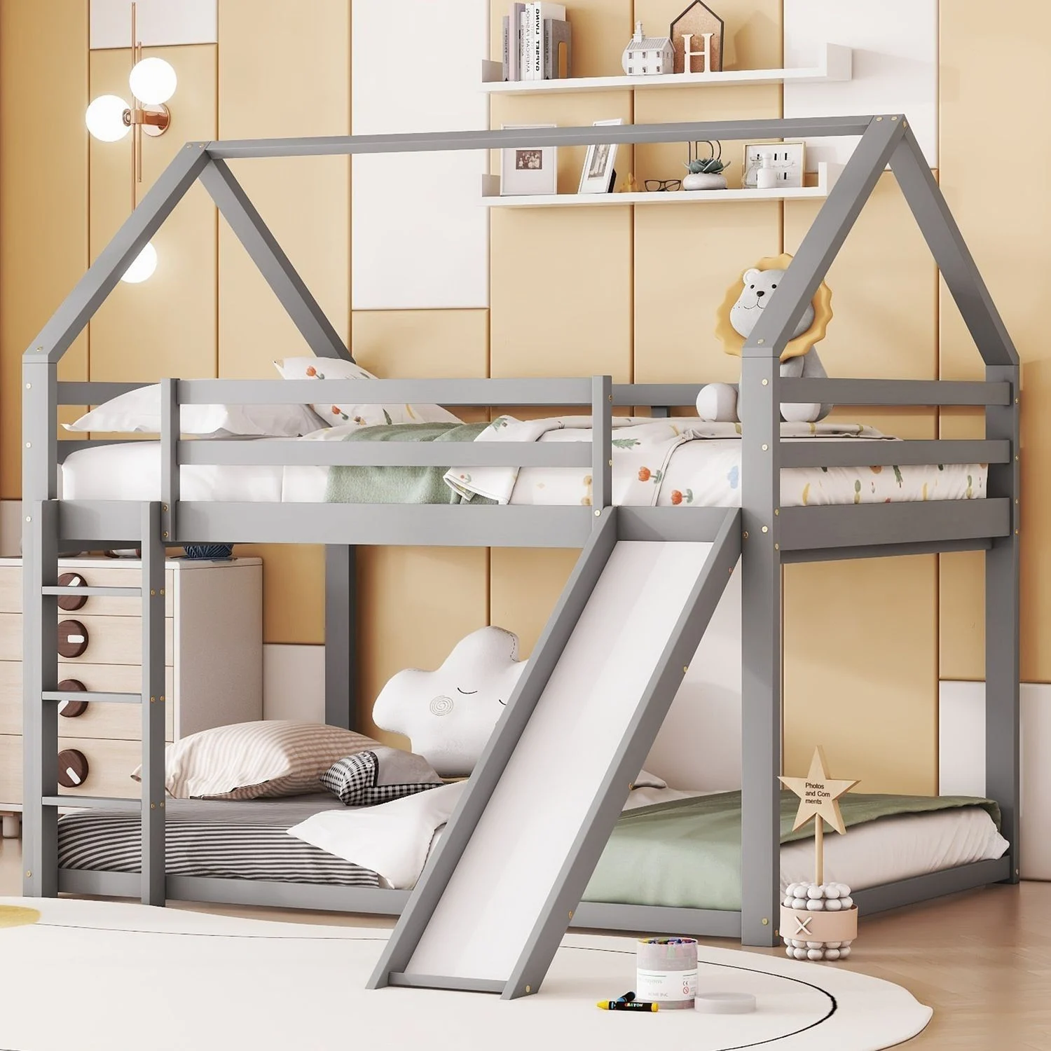 Etagenbett Hausbett aus Kiefernholz mit Rutsche & Leiter, 140x200 cm, Grau, ohne Matratze