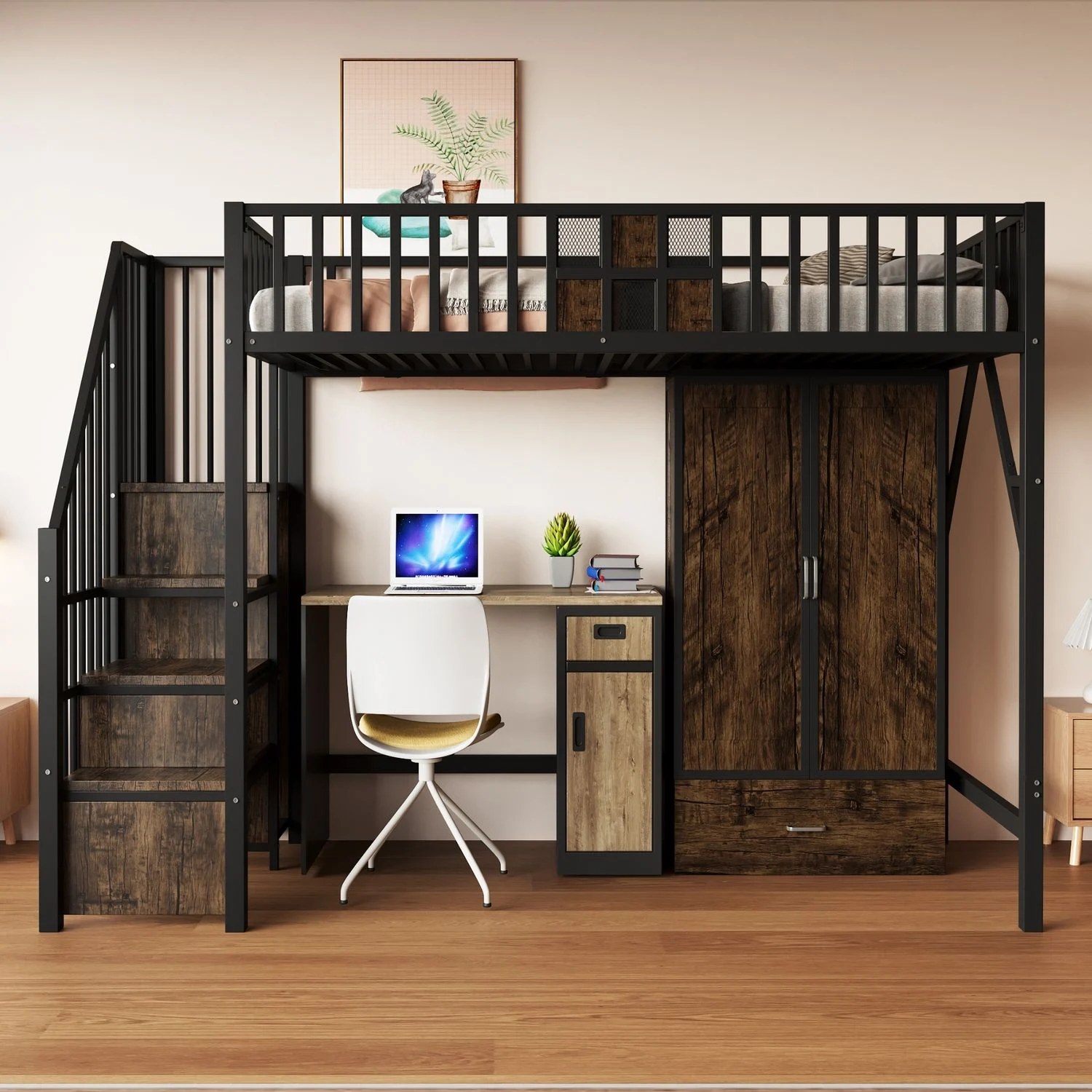 Bett 90x200 cm als Hochbett mit integriertem Kleiderschrank und Aufbewahrungsleiter, schwarz