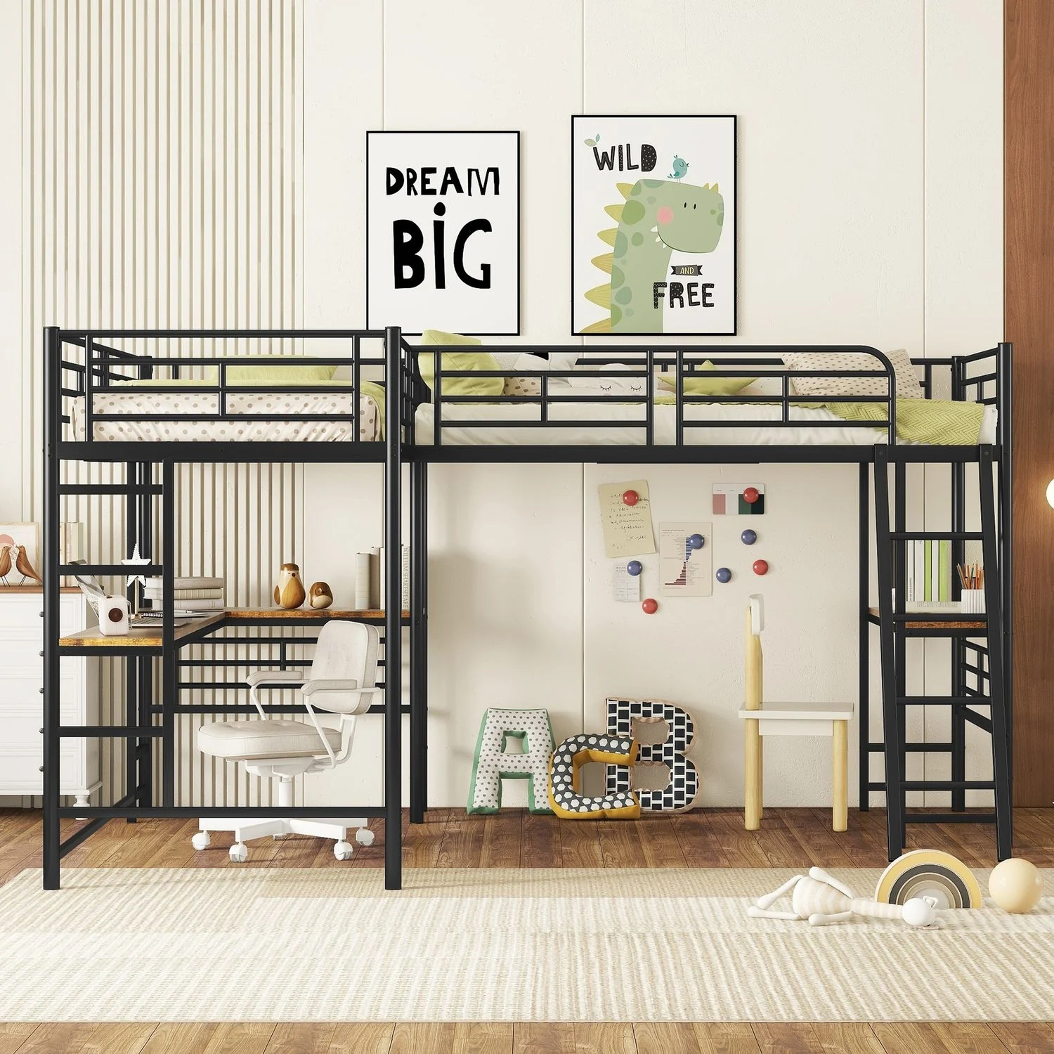 Bett 90x200 cm Hochbett mit Schreibtisch und Doppeltreppe, hohes Geländer – platzsparendes Metall-Hochbett in Schwarz