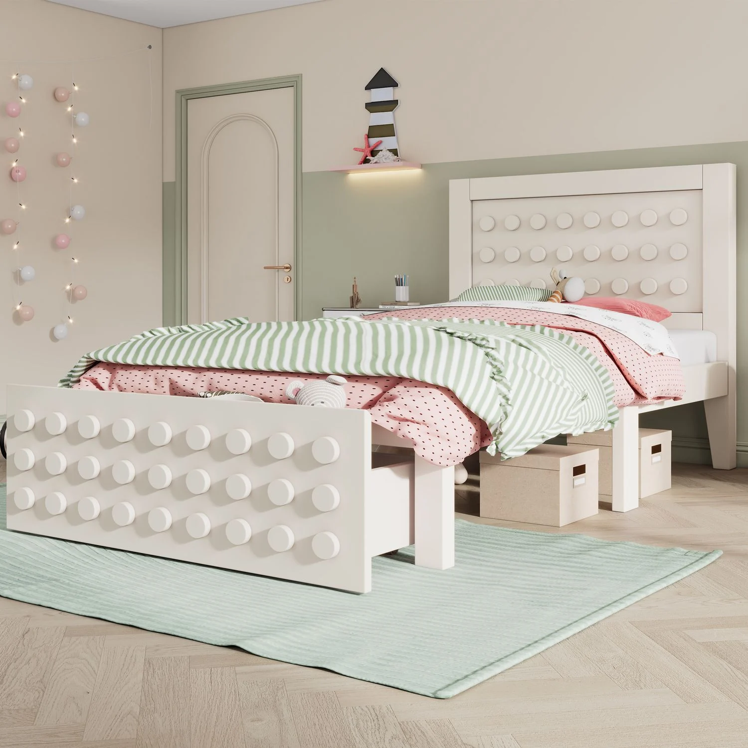 Bett 90x200 cm mit Stauraum – Kinderbett mit Schublade und kreativem Block-Design, weiß