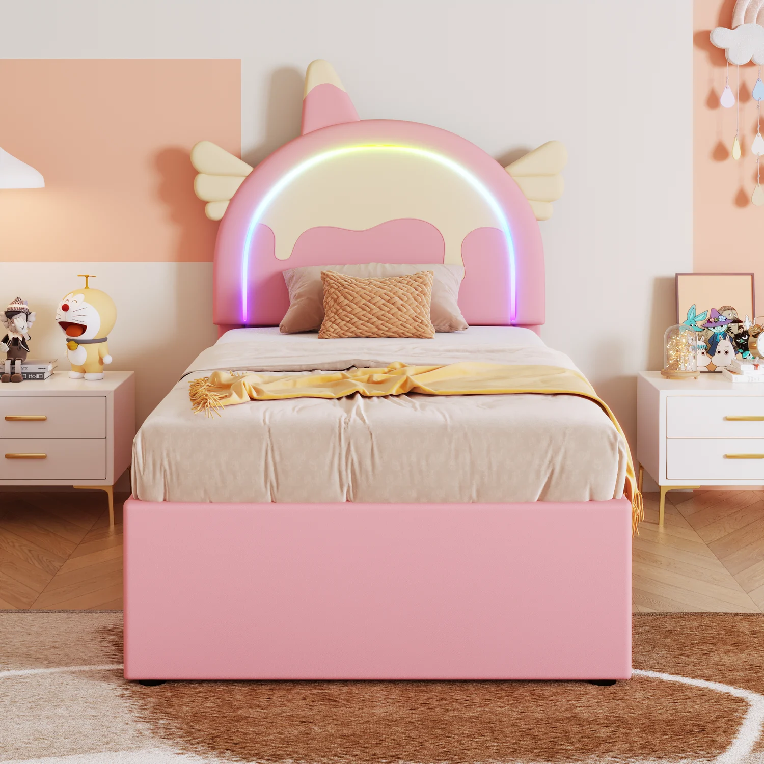 Bett 90x200 cm mit Einhorn-Kopfteil, gepolstertes PU, ausziehbares Rollbett mit Schubladen, Rosa
