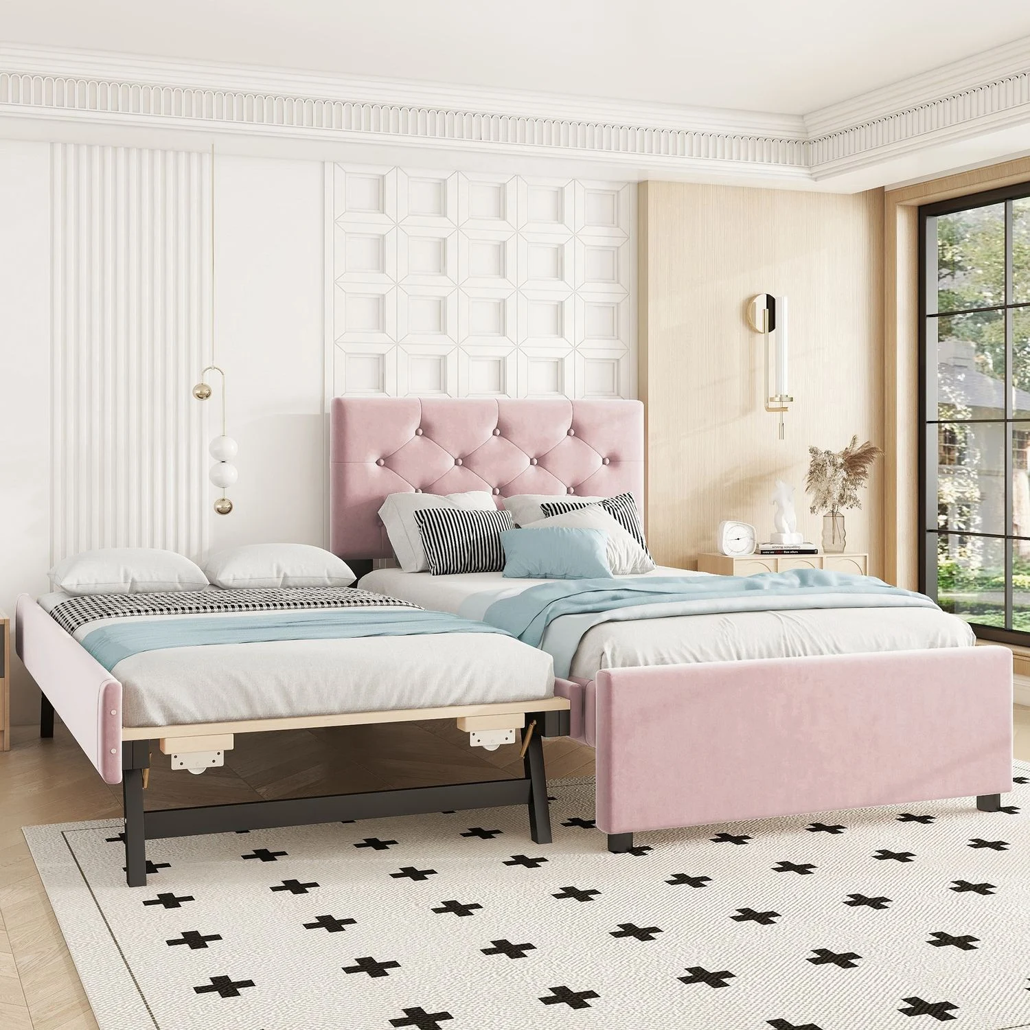 Merax Einzelbett, Polsterbett, 90x200cm, Kinderbett mit Ausziehbett 90x190cm und Lattenrost, Rosa