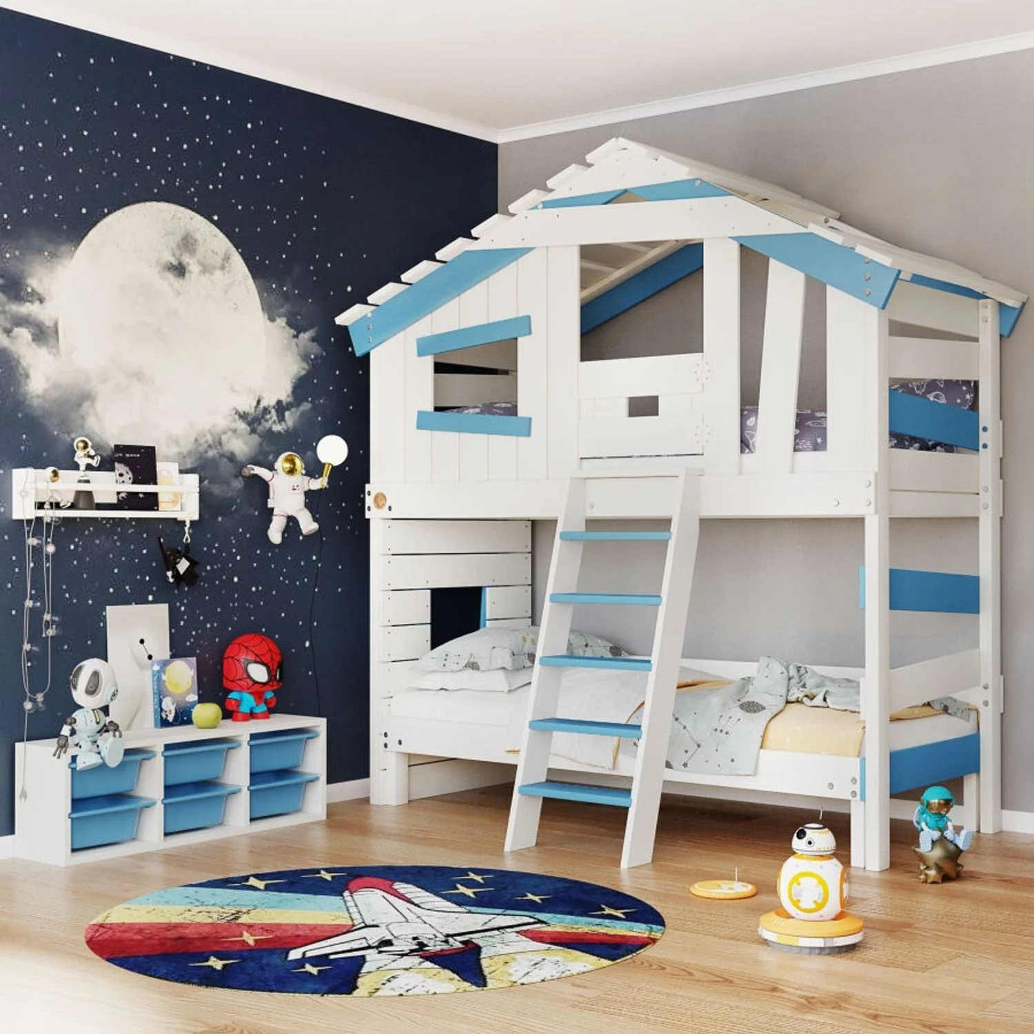 BIBEX ‘Alpin Chalet‘ Hochbett mit Unterbett und Türchen, massive Kiefer, weiss/blau, 90 x 200 cm