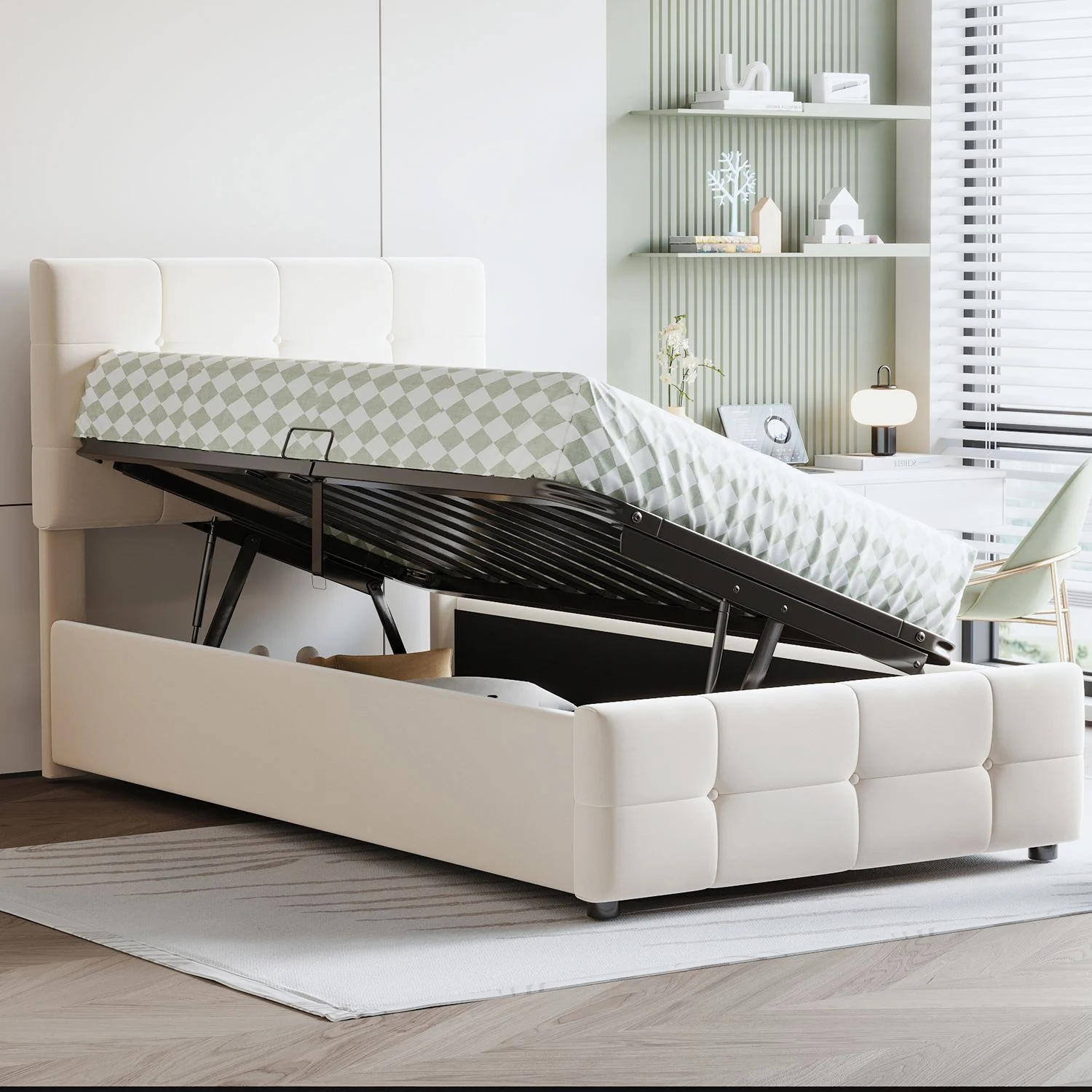 Polsterbett Kinderbett, Samt mit Stauraum & verstellbarem Kopfteil, 90x200 cm, Beige, ohne Matratze