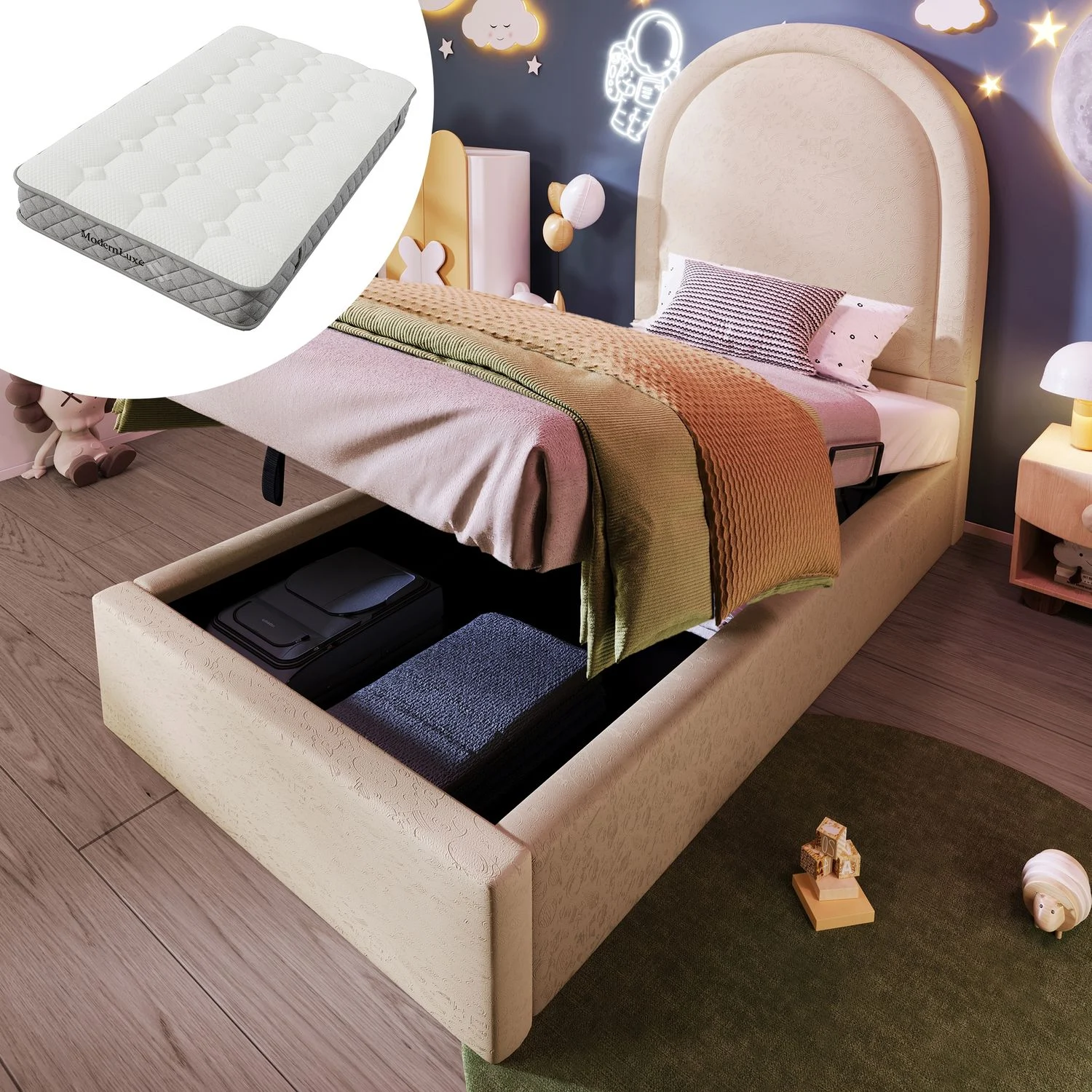 Kinderbett, PU mit Stauraum & 7-Zonen-Matratze, 90x200 cm, Beige, mit Matratze