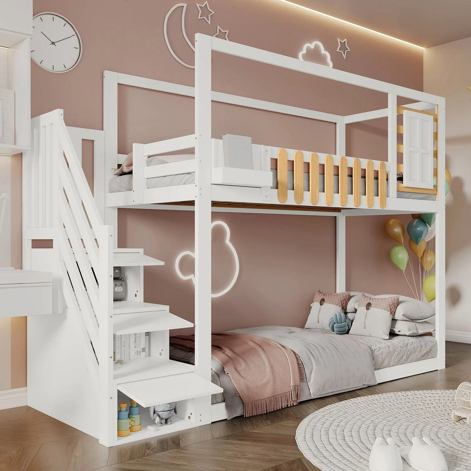 Etagenbett aus Kiefernholz & MDF mit Treppe und Stauraum, 90x200 cm, Weiß/Natur, ohne Matratze