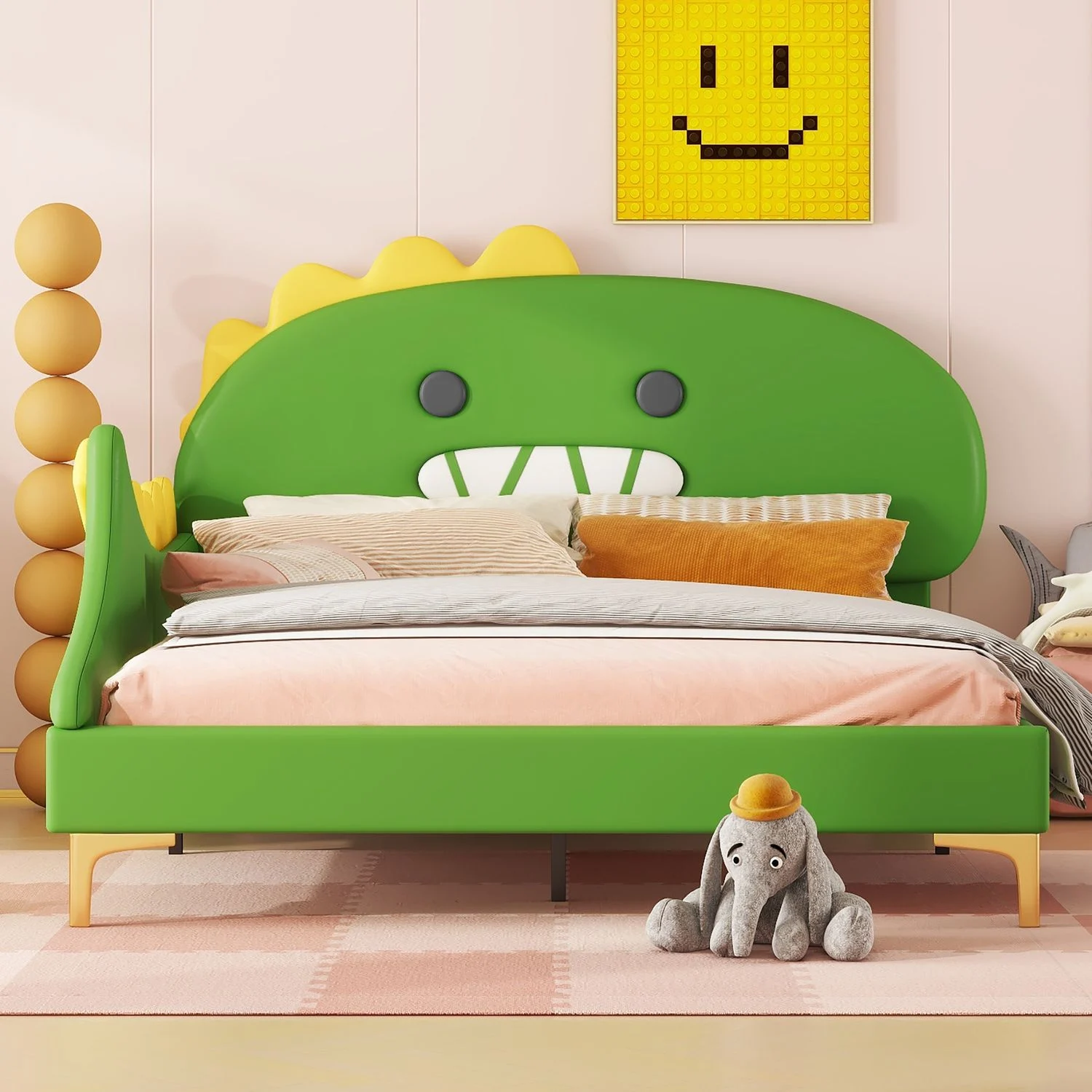 Bett 140x200 cm im Dinosaurier-Design aus PU und MDF – kindgerecht, robust und pflegeleicht