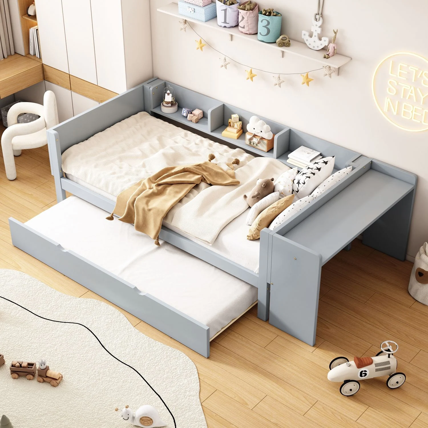 Kinderbett 90x200 cm mit ausziehbarem Bett, integriertem Schreibtisch und 3 Regalen, Kiefer/MDF, grau