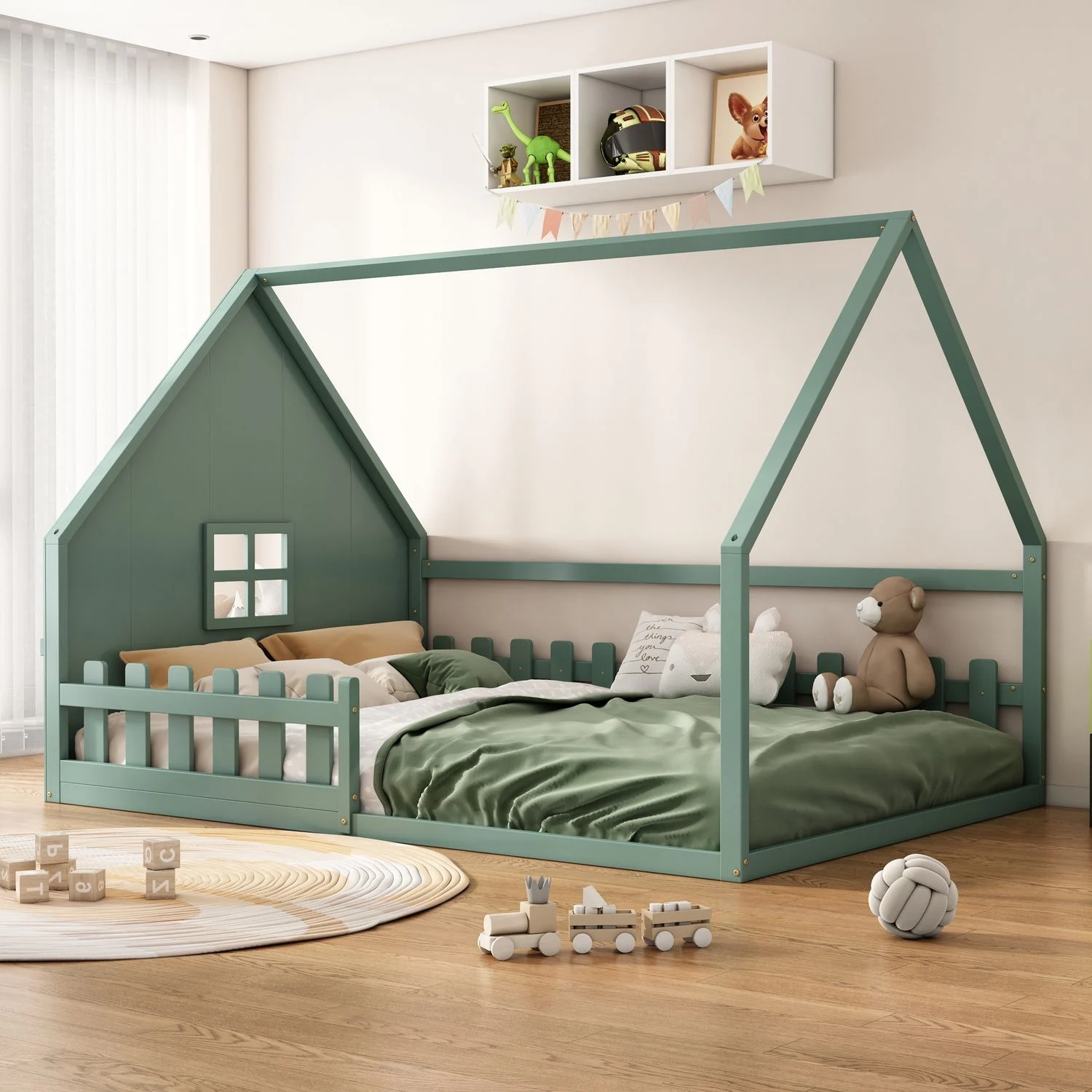 Kinderbett 140x200 cm Hausform aus Kiefernholz & MDF mit Geländer (Rausfallschutz), kindgerechtes Design, Grün