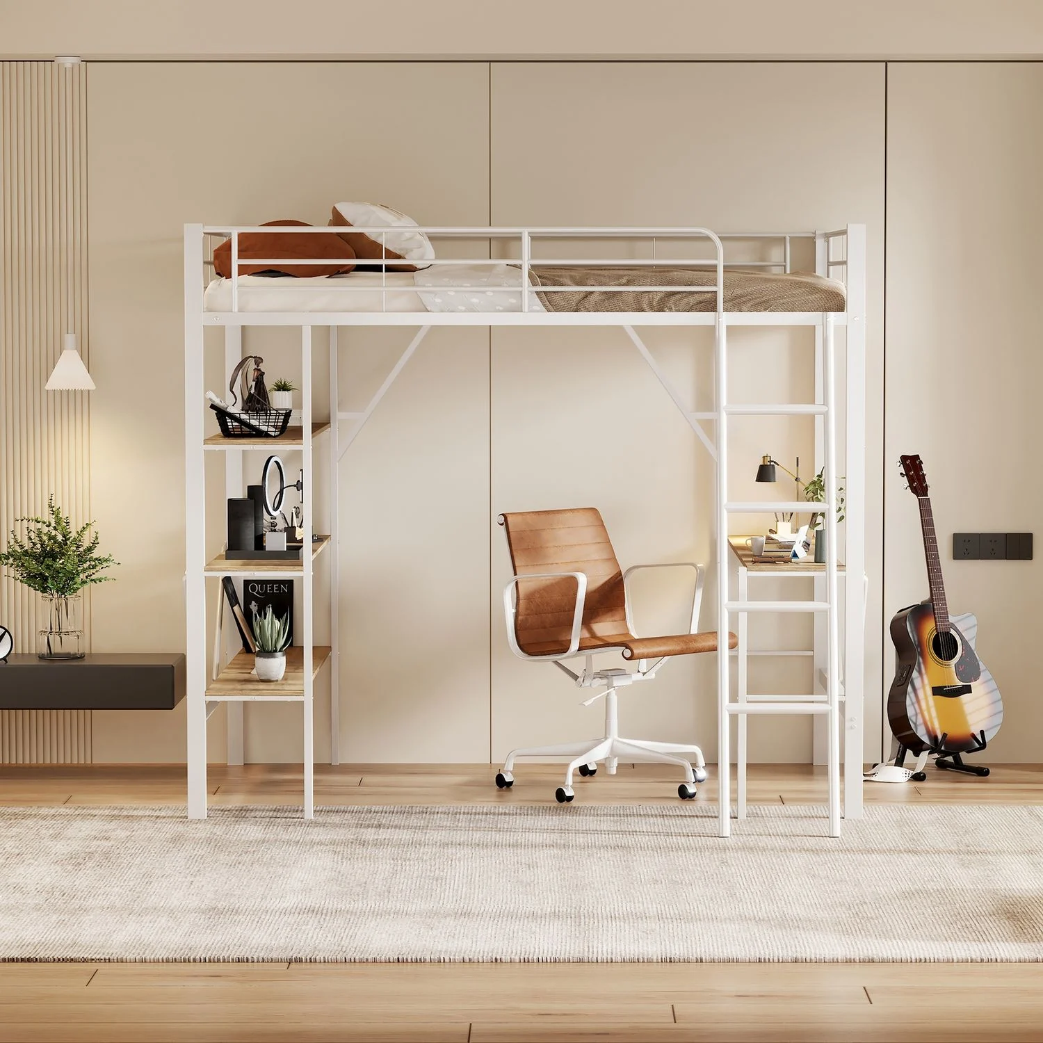 Hochbett 90x200 cm mit Schreibtisch und drei Regalen, Metalllrahmen & MDF, weiß, mit Rausfallschutz