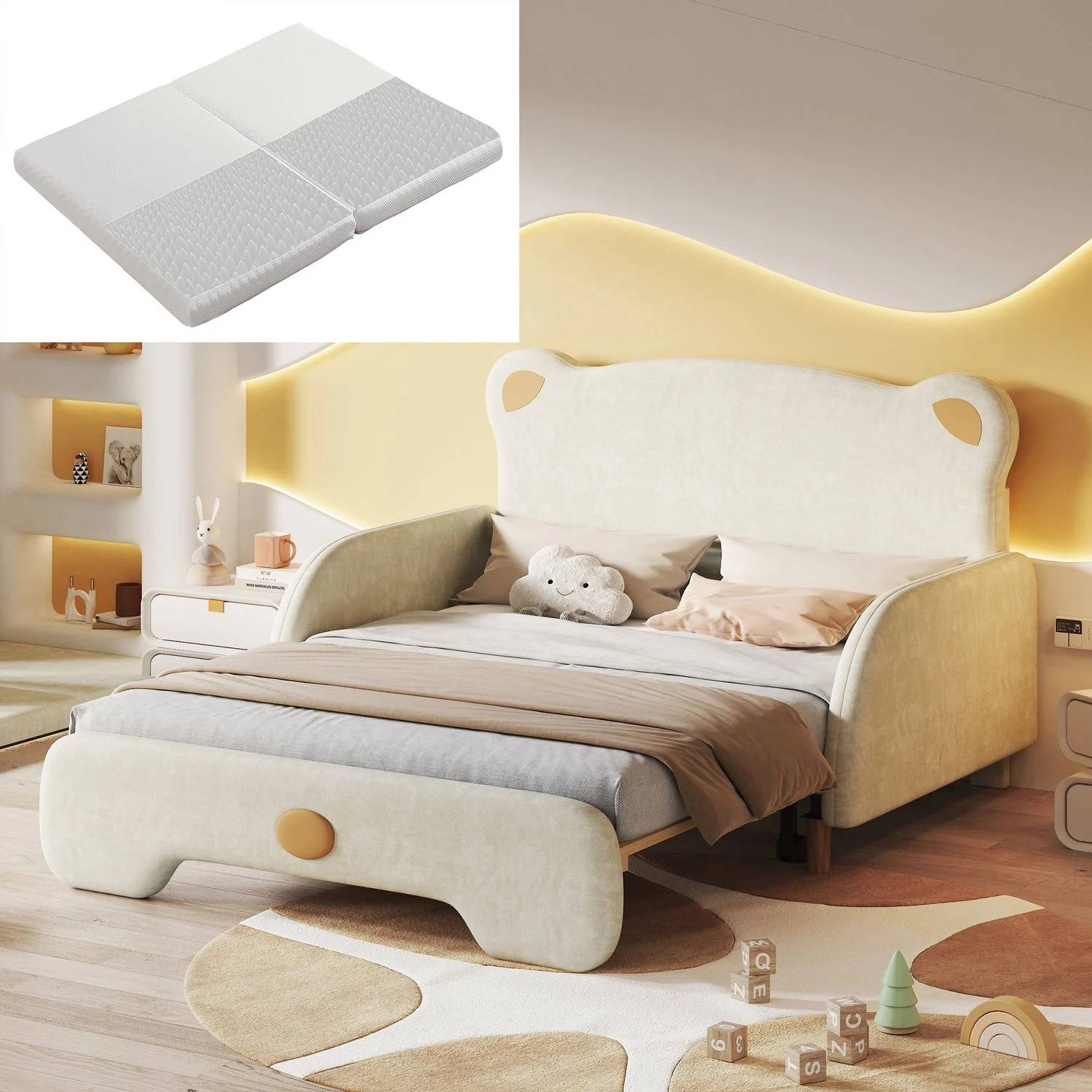 Polsterbett, Samt mit Ausziehbett & Bärenform, 140x200 cm, beige, mit Matratze