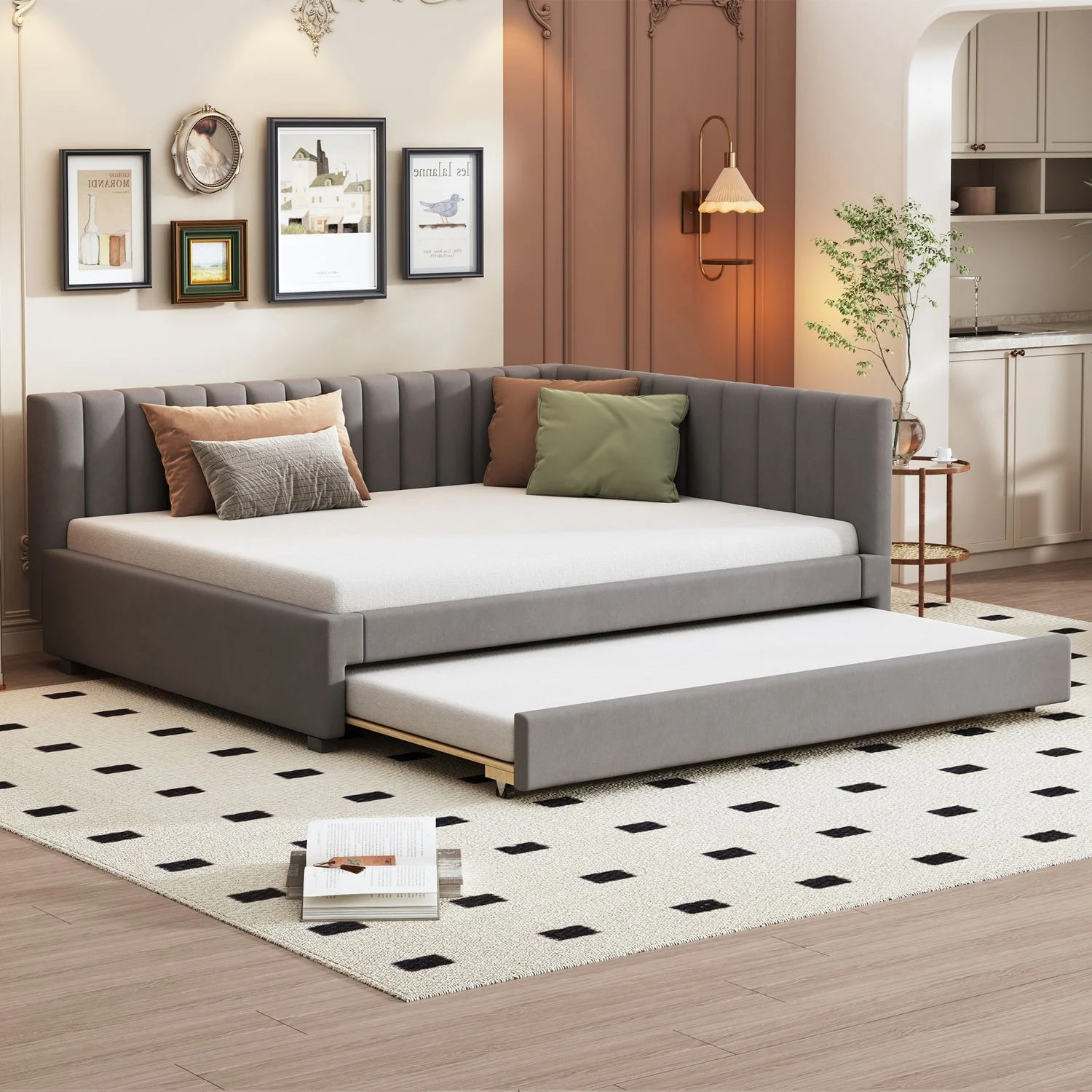 Polsterbett 140*200, Ausziehbares Schlafsofa, Multifunktionsbett mit Lattenrost, Jugendbetten Kinderbetten Gästebetten, Samtstoff Grau