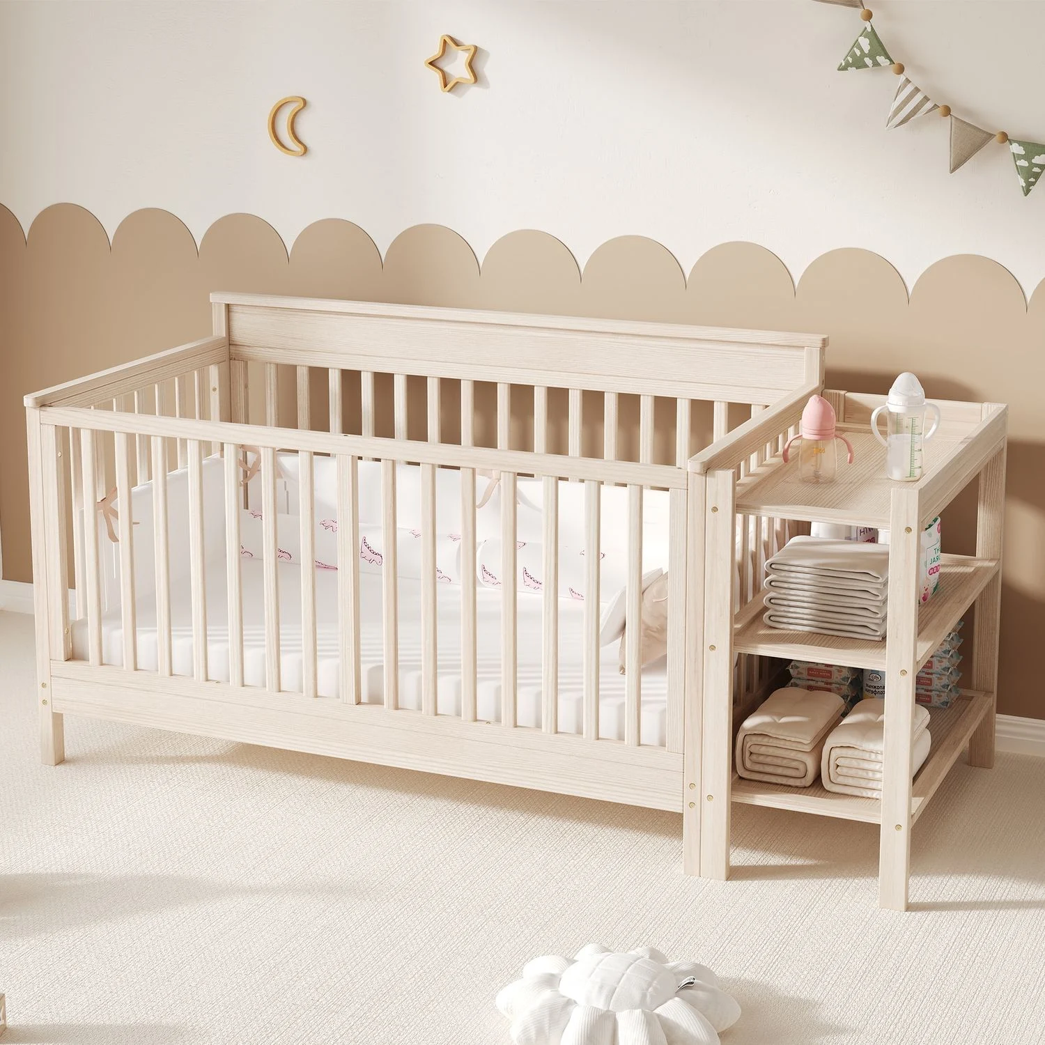 Merax Babybett, 3-in-1 Babybett, 3-fach höhenverstellbar, umschaltbar zum Beistellbett /Sofa-Modus, mit abnehmbarem Schutzzaun + Wickeltisch, 184,5×74,5×90cm, aus Massivkiefernholz gefertigt, Naturholzfarbe