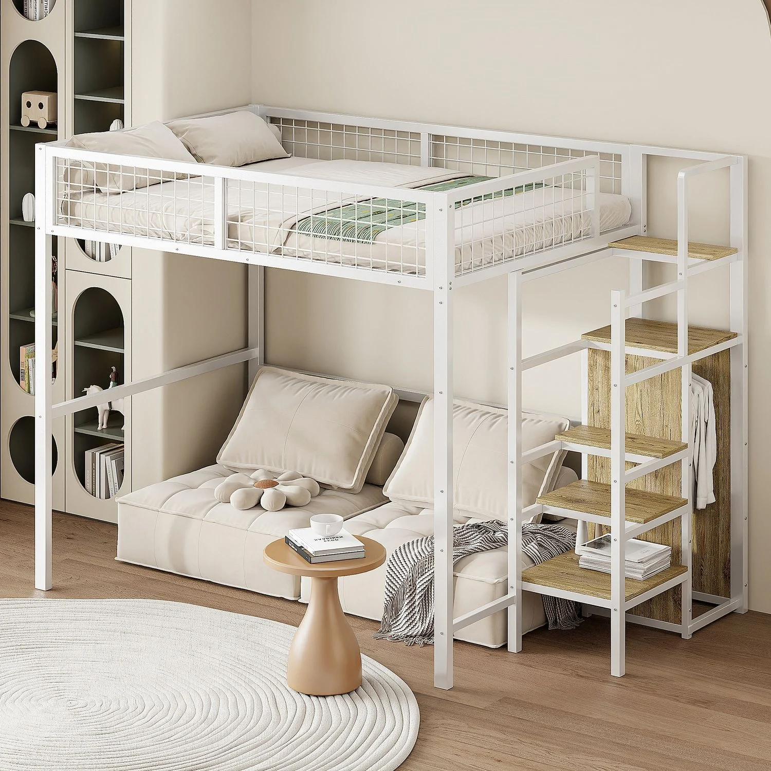 Hochbett Metall mit Leiter & Kleiderschrank, 140x200 cm, Weiß, ohne Matratze