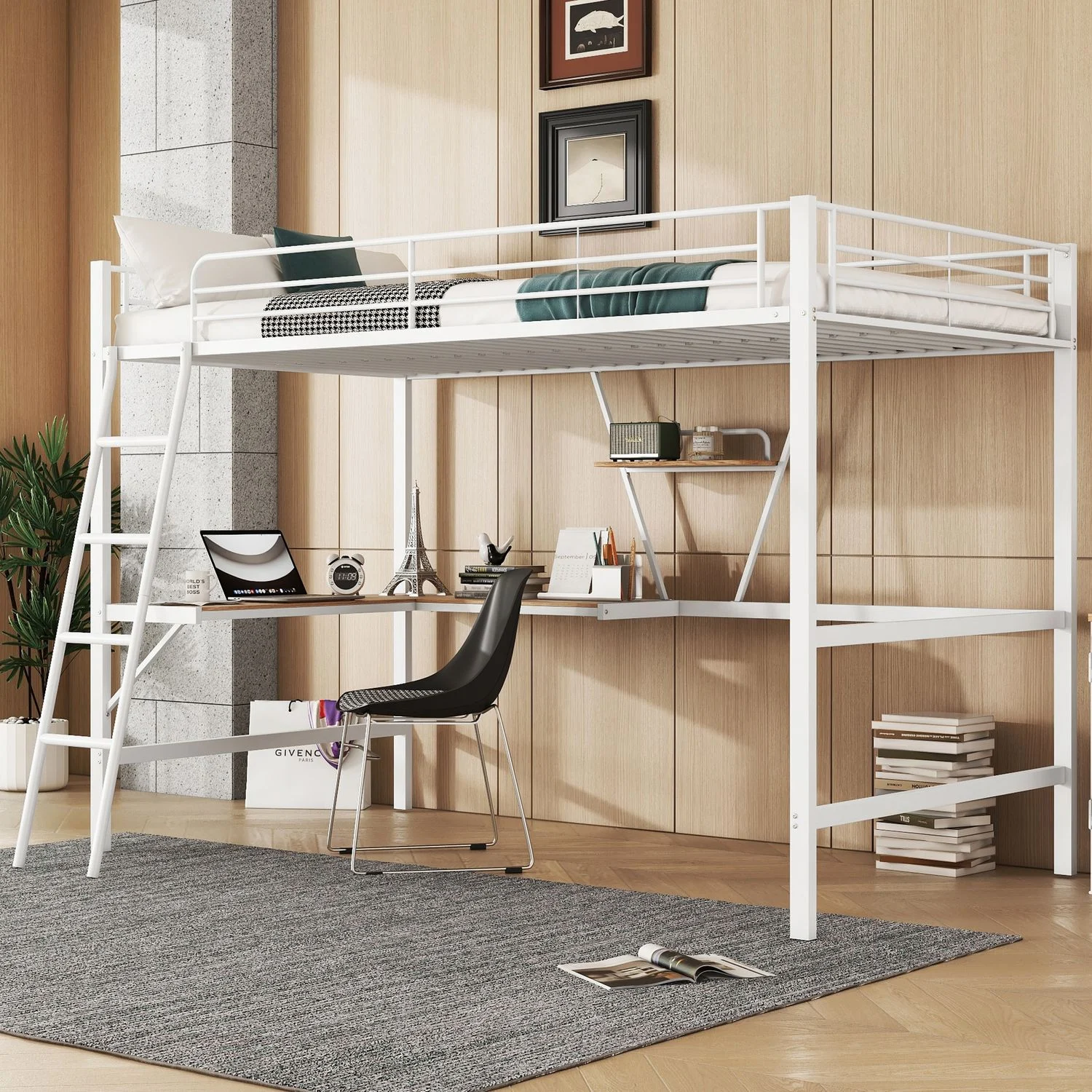 Hochbett Metall mit L-Schreibtisch & Regal, 90x200 cm, Weiß, ohne Matratze