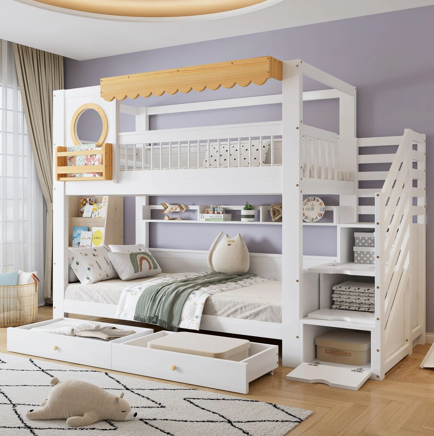 Etagenbett aus Kiefer und MDF mit Treppenschrank, Schubladen & Ablage, 90x200 cm, Weiß/Natur, ohne Matratze
