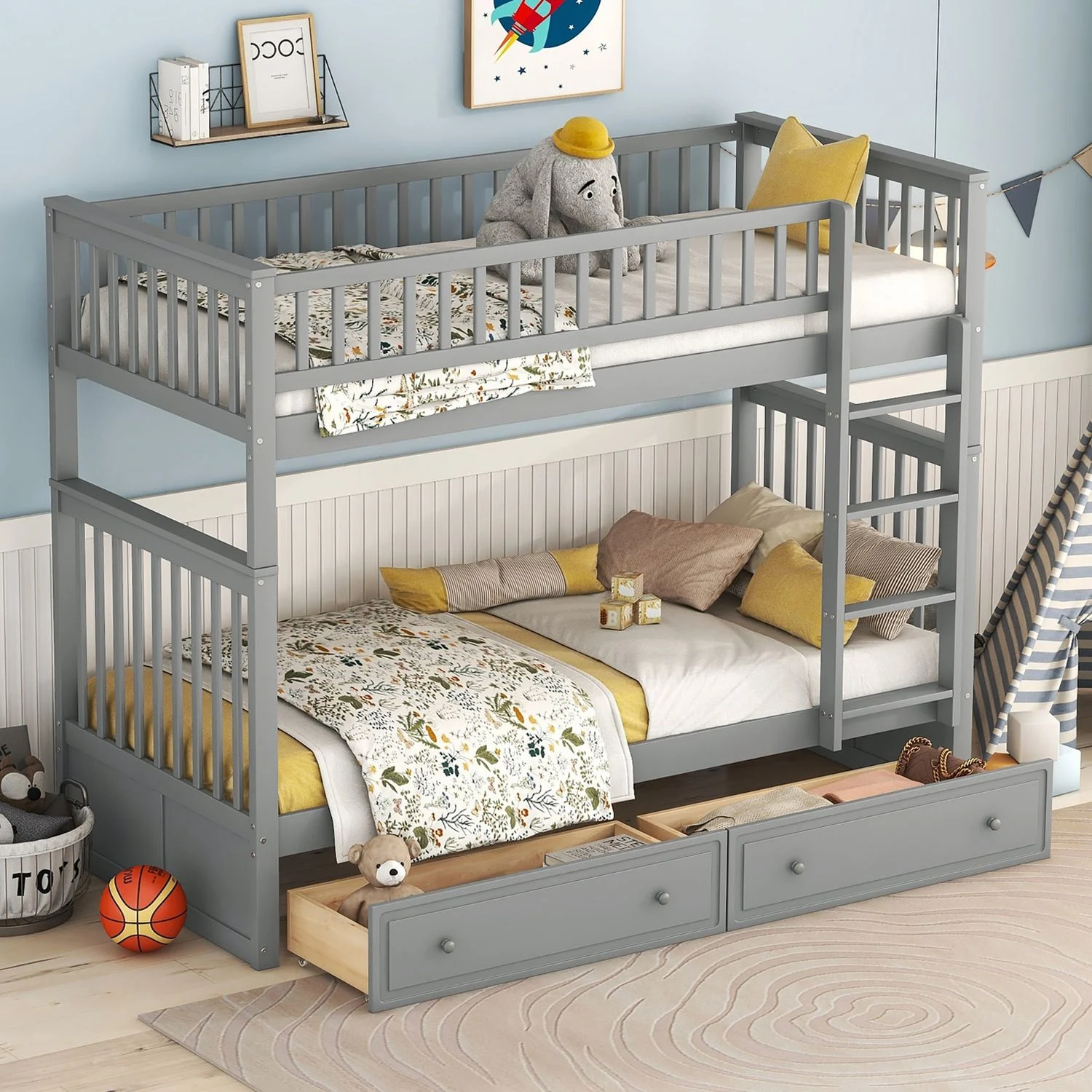 Etagenbett aus Kiefernholz mit 2 Schubladen, 90x200 cm, Grau, ohne Matratze