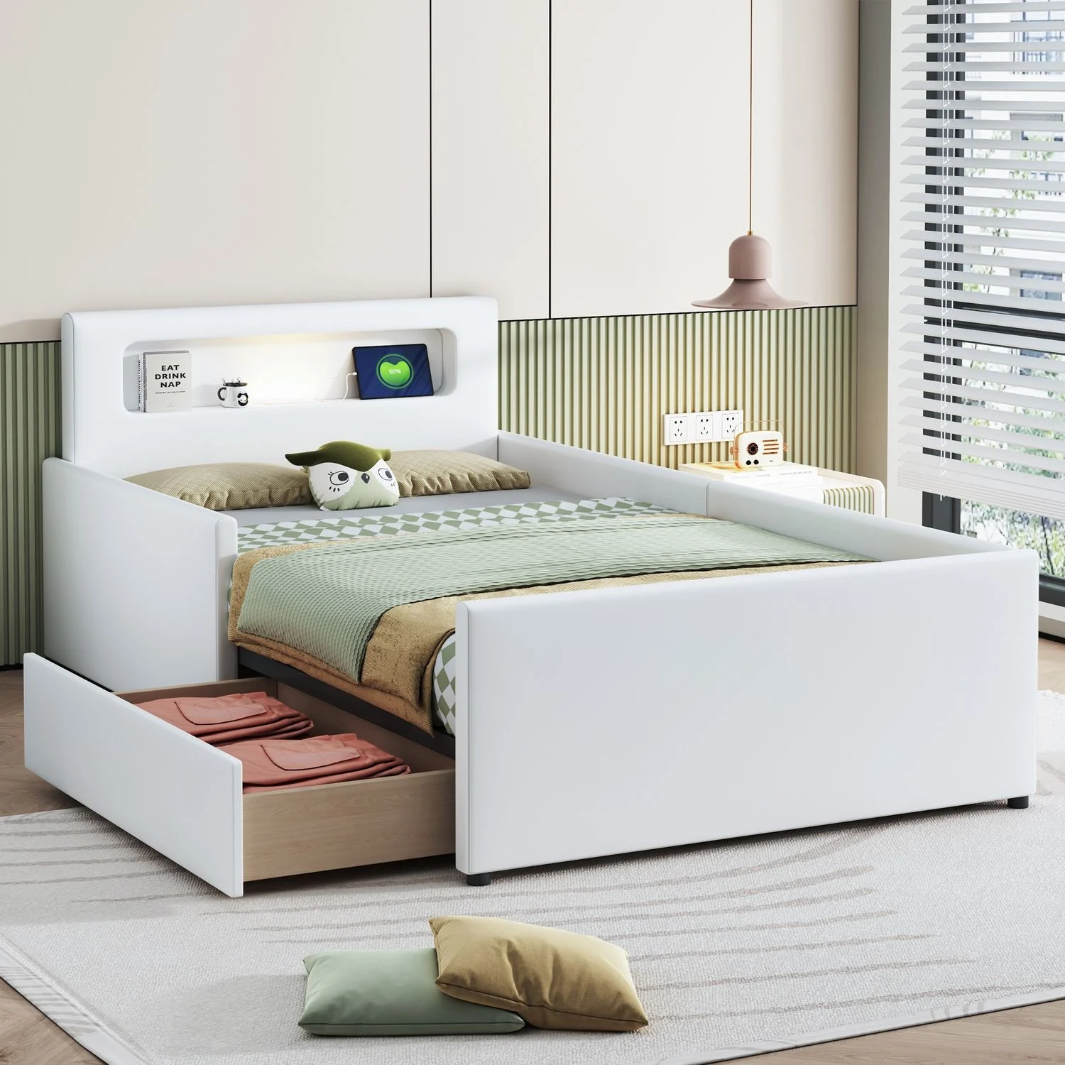 Polsterbett Kinderbett 90*200 cm, Mit Nachtlicht und USB-Ladeanschluss, Mit Ablagefächern, Erhöhte Seitenteile zur Sicherheit, Einfaches Einzelbett, Jungen- und Mädchenbett, Kunstlederstoff, Weiß
