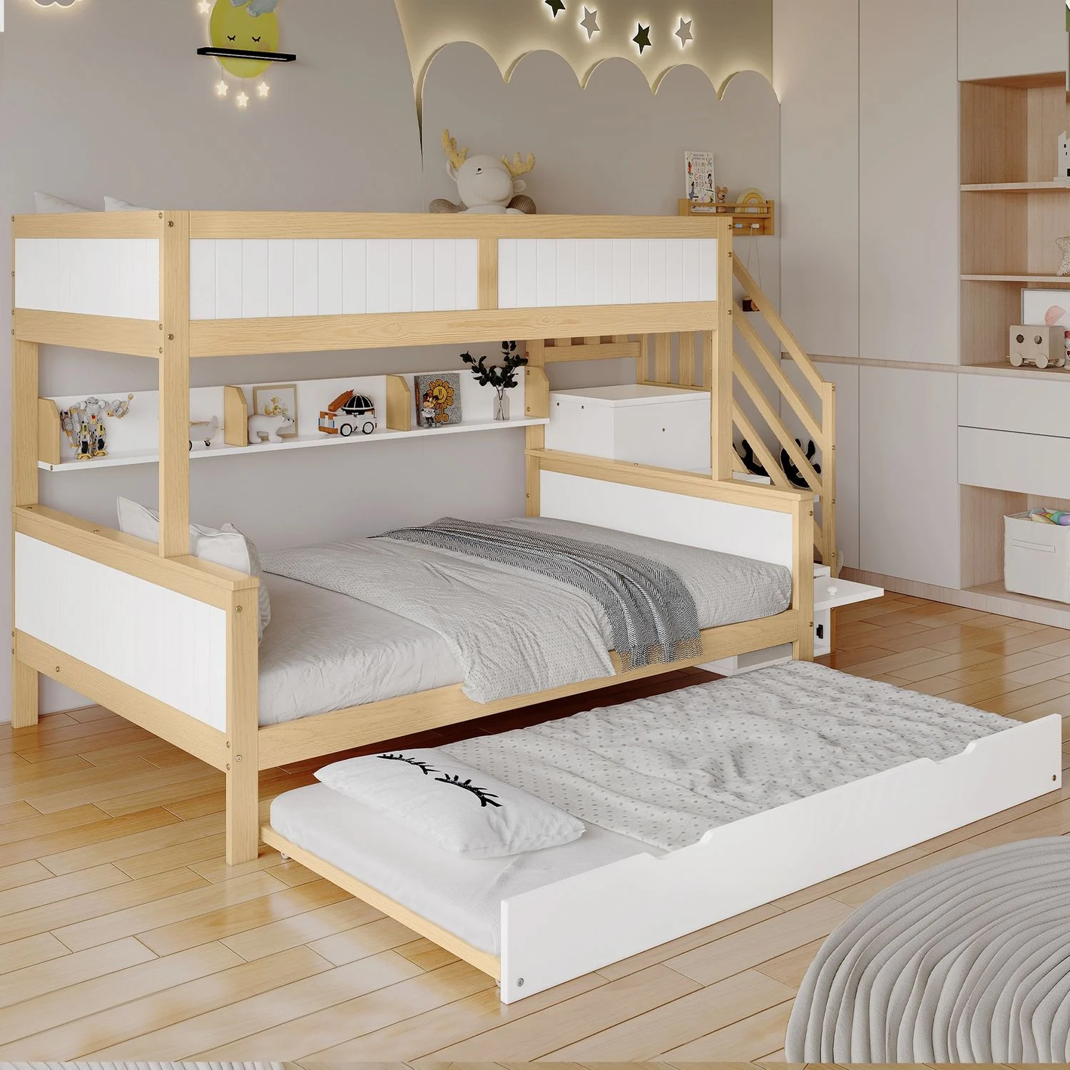 Etagenbett mit Rollbett & Stauraumtreppe 90×200 / 120×200 (Rollbett 90×190 cm),Massivholz+MDF, Weiß/Natur, mit Kleiderschrank