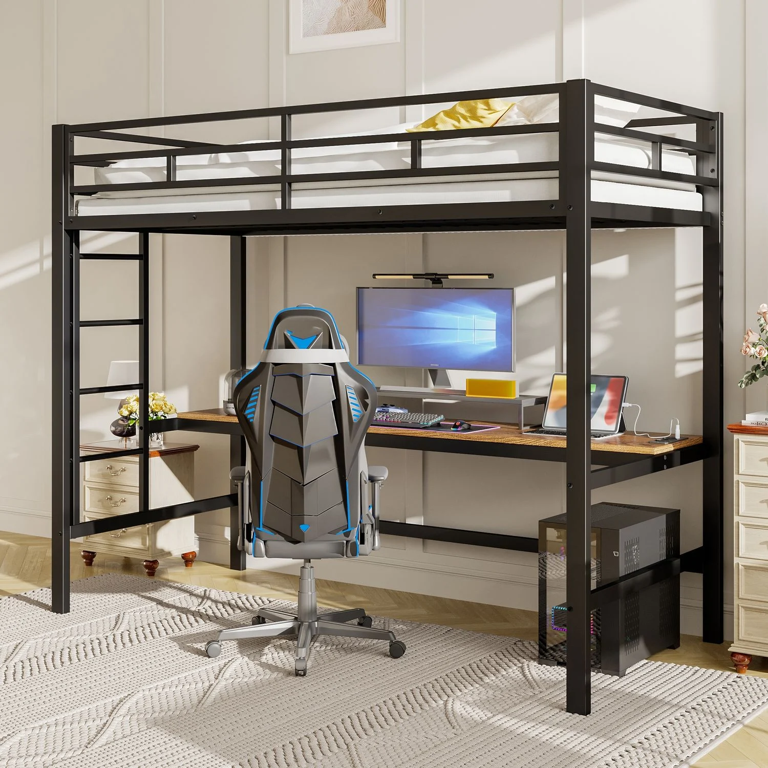 Hochbett Metall mit Schreibtisch, LED-Lichtleiste & USB-Anschluss, 90x200 cm, Schwarz, ohne Matratze