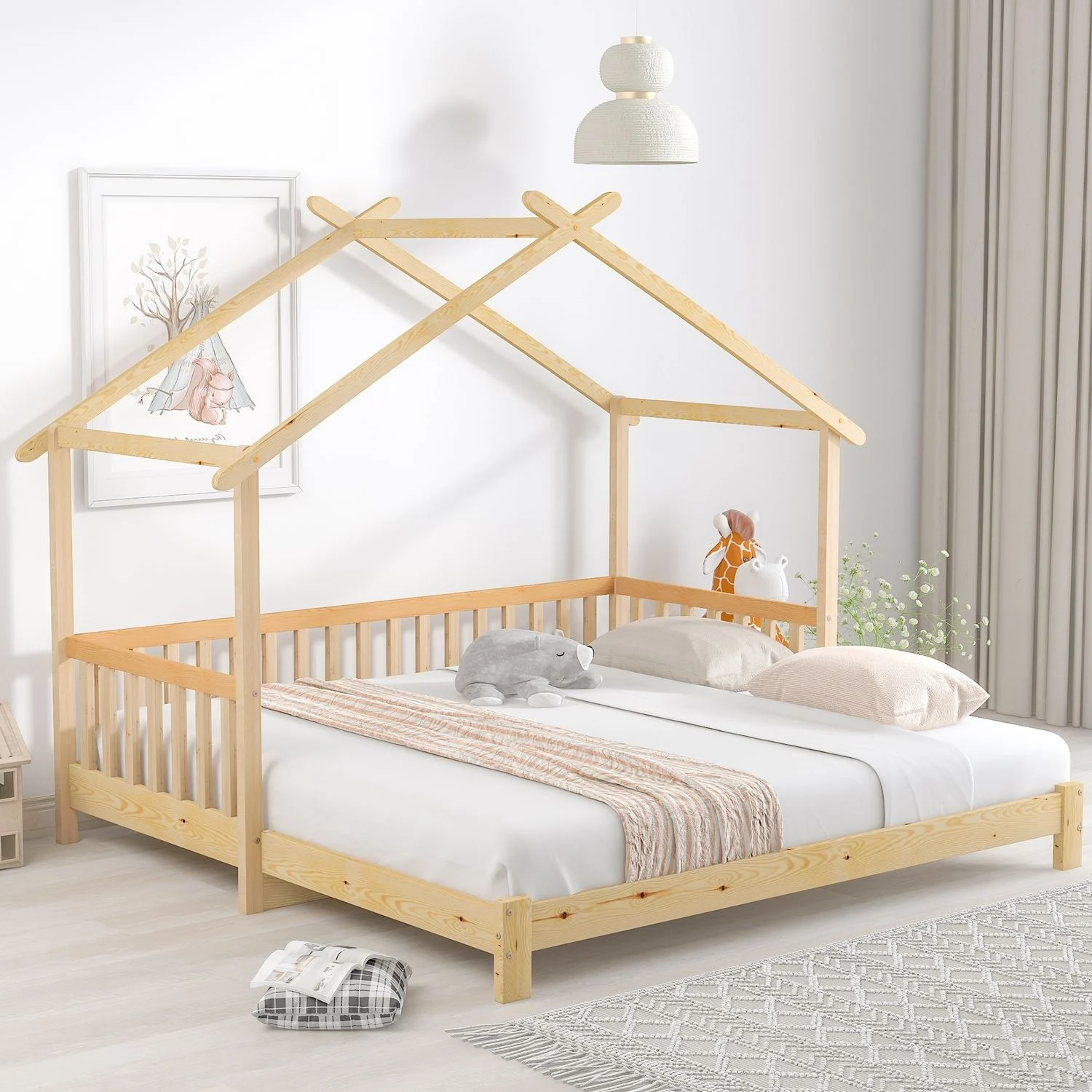 Kinderbett aus Massivholz, ausziehbares Hausbett mit Lattenrost, 90/180x200 cm, Natur, ohne Matratze
