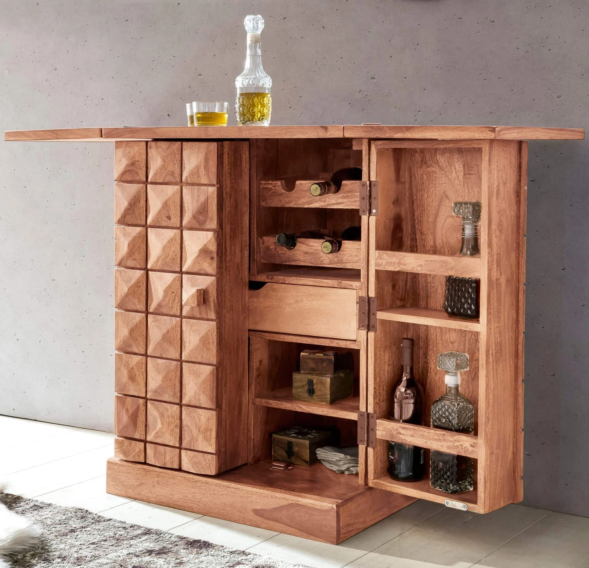 Hausbar LUCCA Massivholz Akazie Weinbar ausklappbar Vitrine Landhausstil Barschrank Aufbewahrung Flaschen Gläser