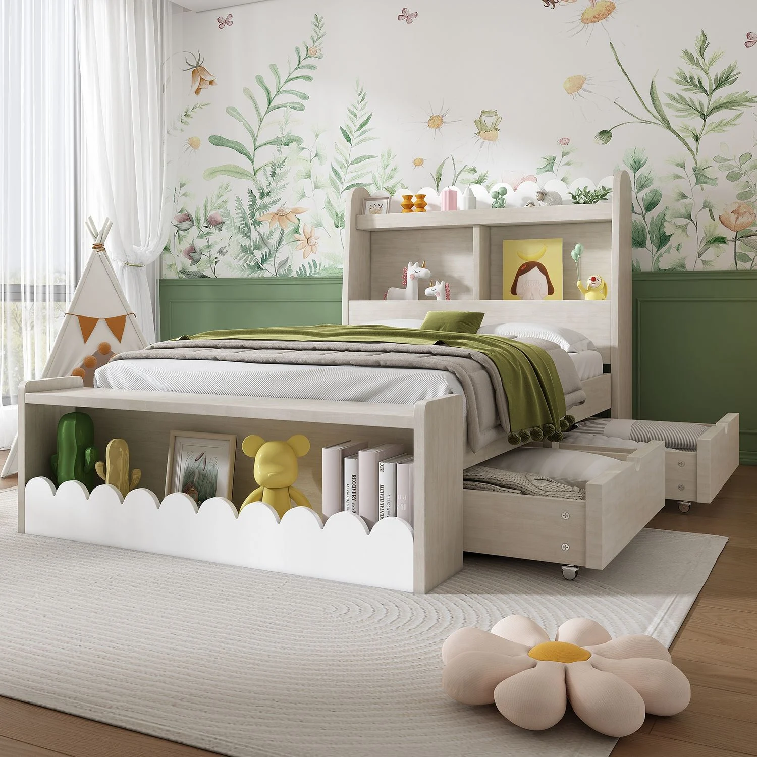 Kinderbett 90x200 cm mit Schubladen und Regal, Massivholz Bett mit Stauraum, Wellenoptik, Weiß Eichefarben Votan