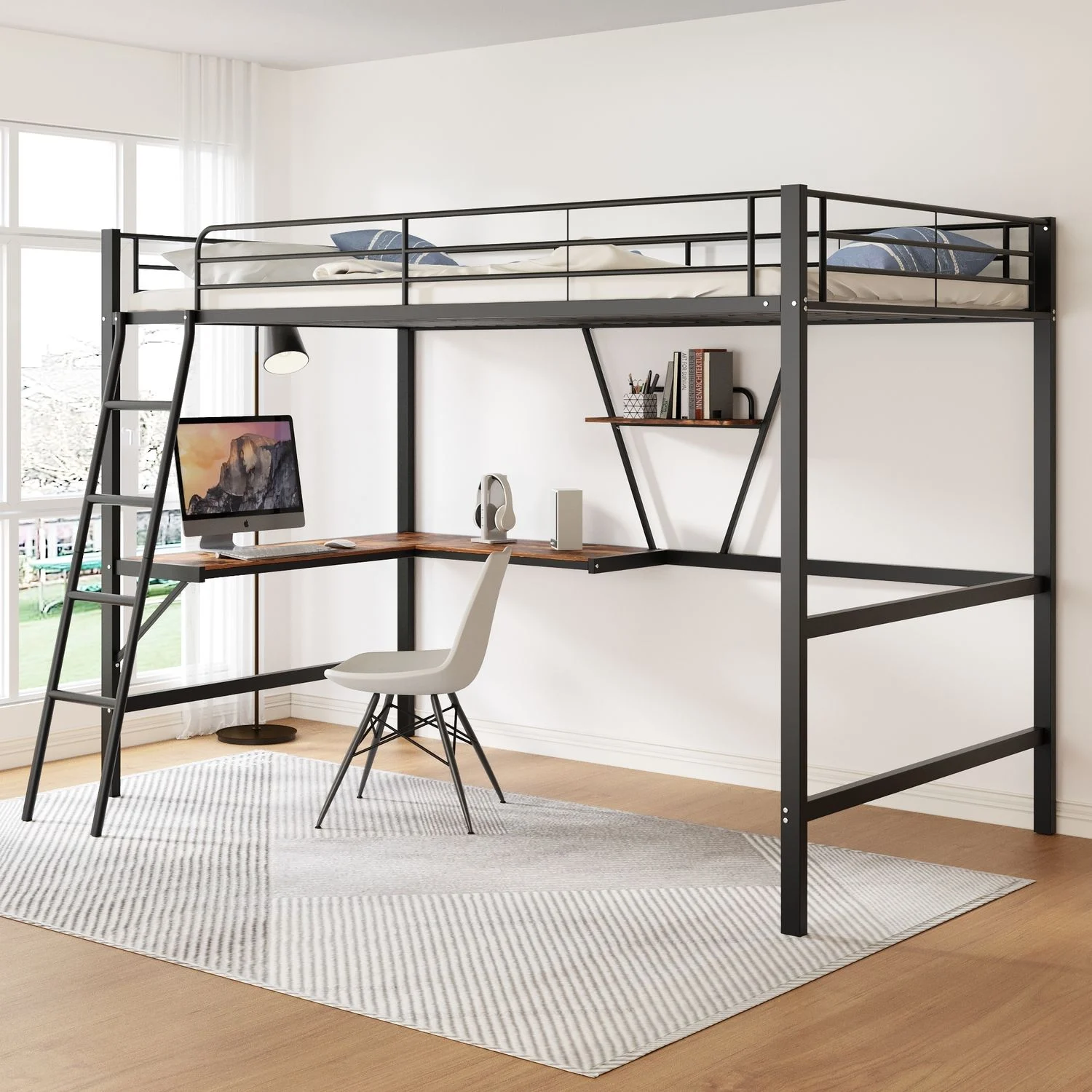 Hochbett 90x200 cm Metallbett mit L-förmigem Schreibtisch und Regal, Eisenbett mit stabiler Leiter, Jugendbett mit Stauraum,Schwarz