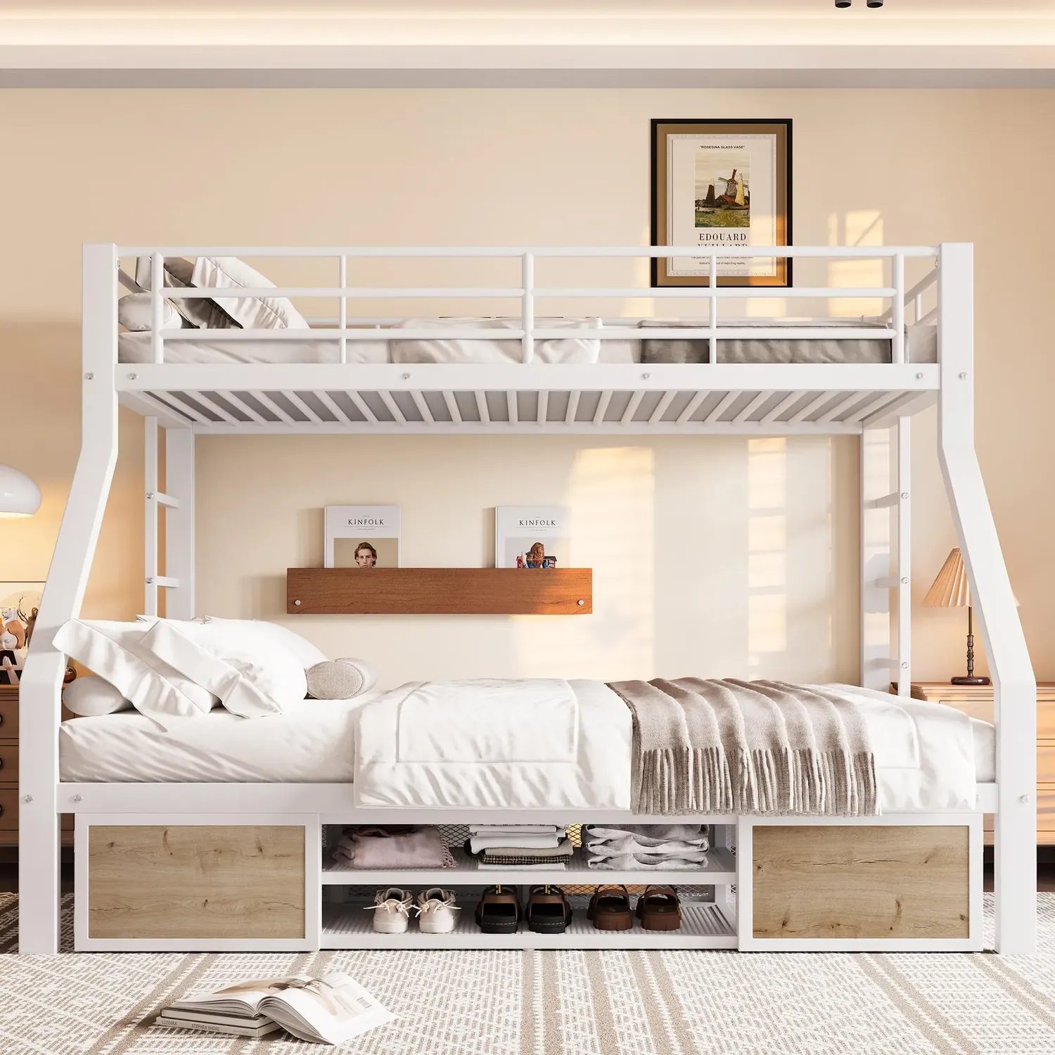 Etagenbett mit 2 Liegeflächen, Lattenrost, Regalschrank und Rausfallschutz 90x200cm/140x200cm, Metallbett mit Rausfallschutz, Kinderbett