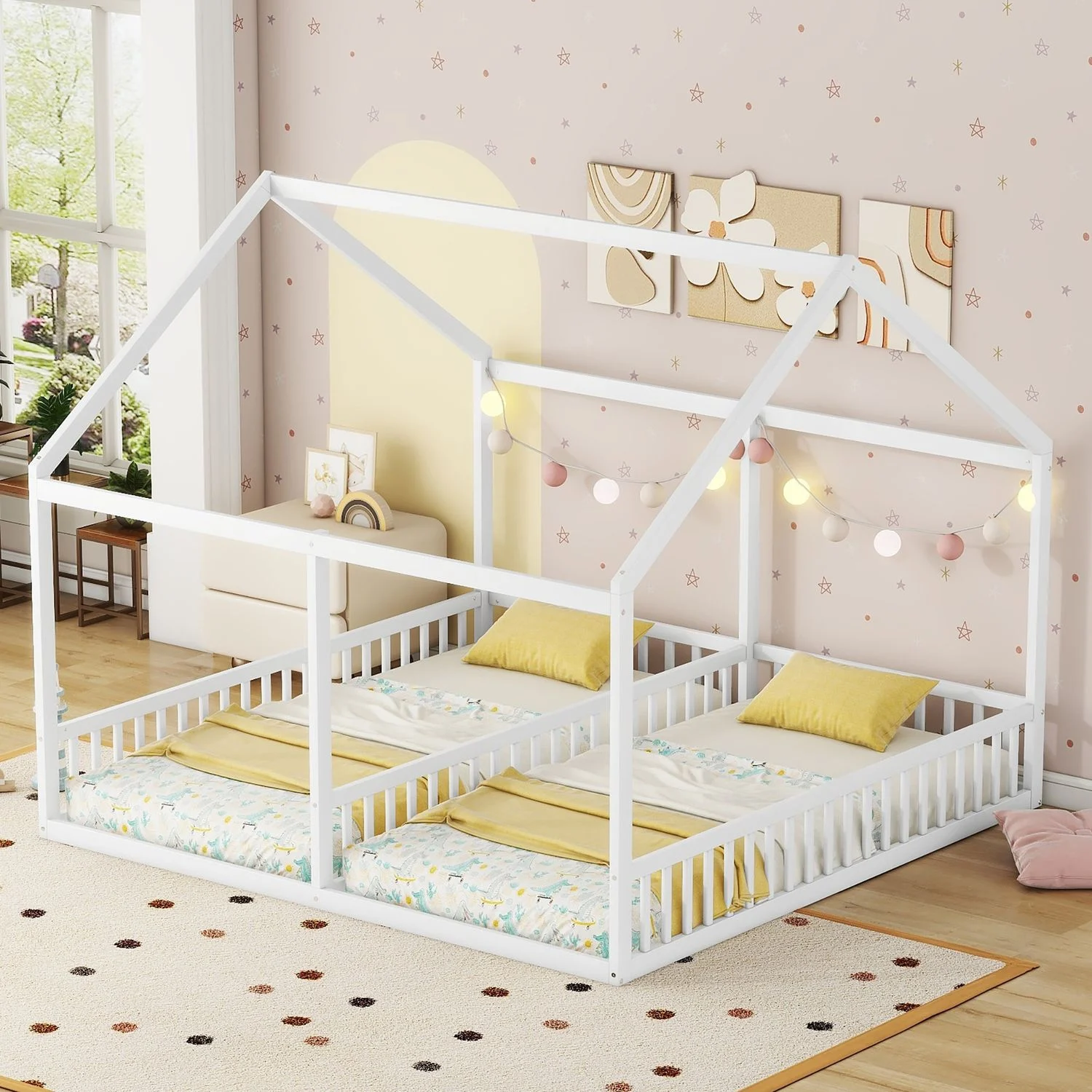 Kinderbett Hausbett aus Kiefernholz, 2x 90x200 cm, mit Schutzgitter, Weiß, ohne Matratze