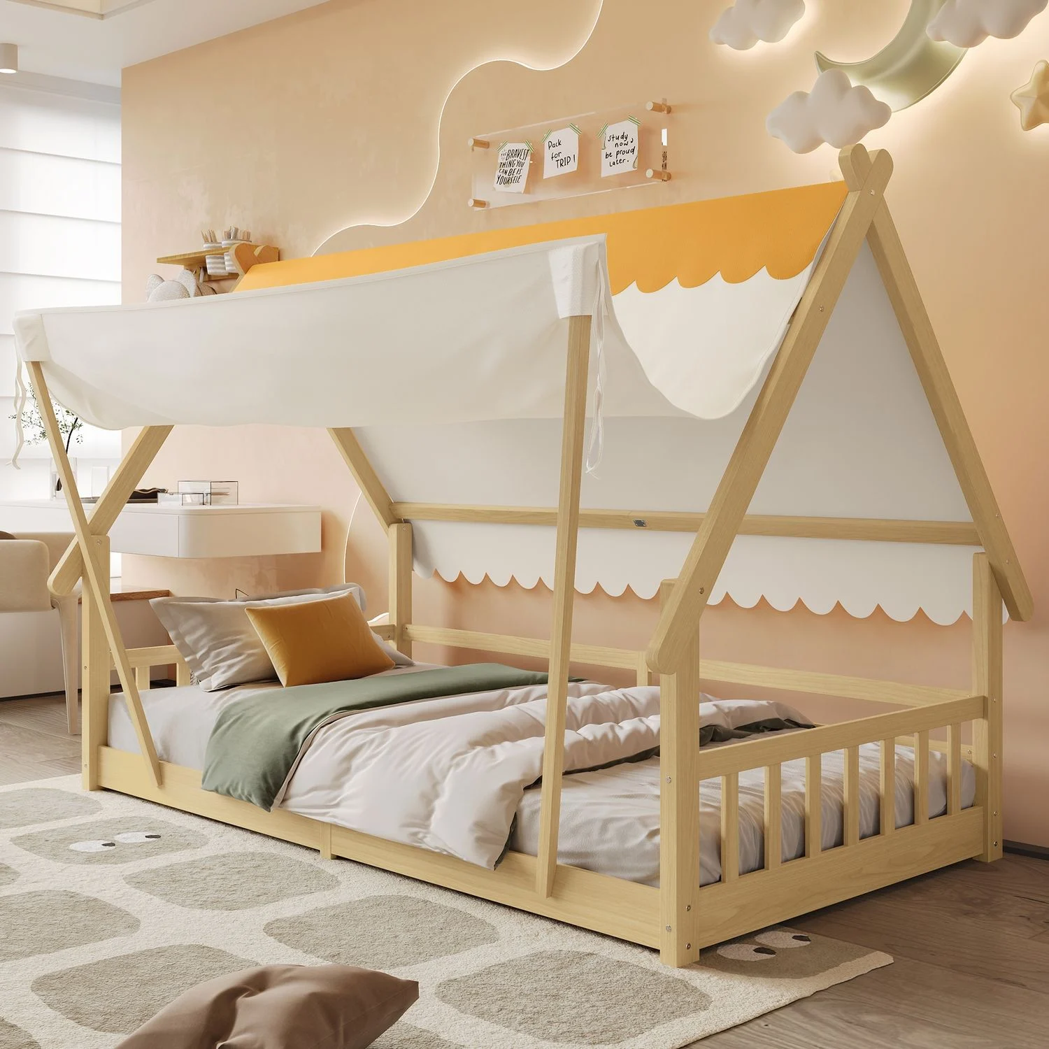 Kinderbett aus Massivholz im Hausdesign mit Zelt & Sicherheitsgeländer, 90x200 cm, Weiß/Natur, ohne Matratze
