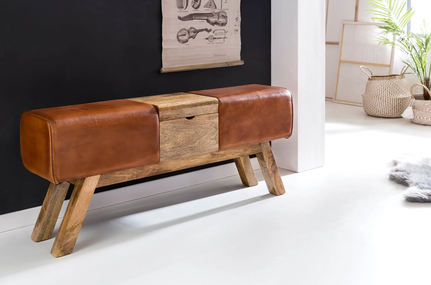 Retro Echtleder Sitzbank mit Massivholzbeinen und Stauraum - Einzigartiges Design und höchste Qualität